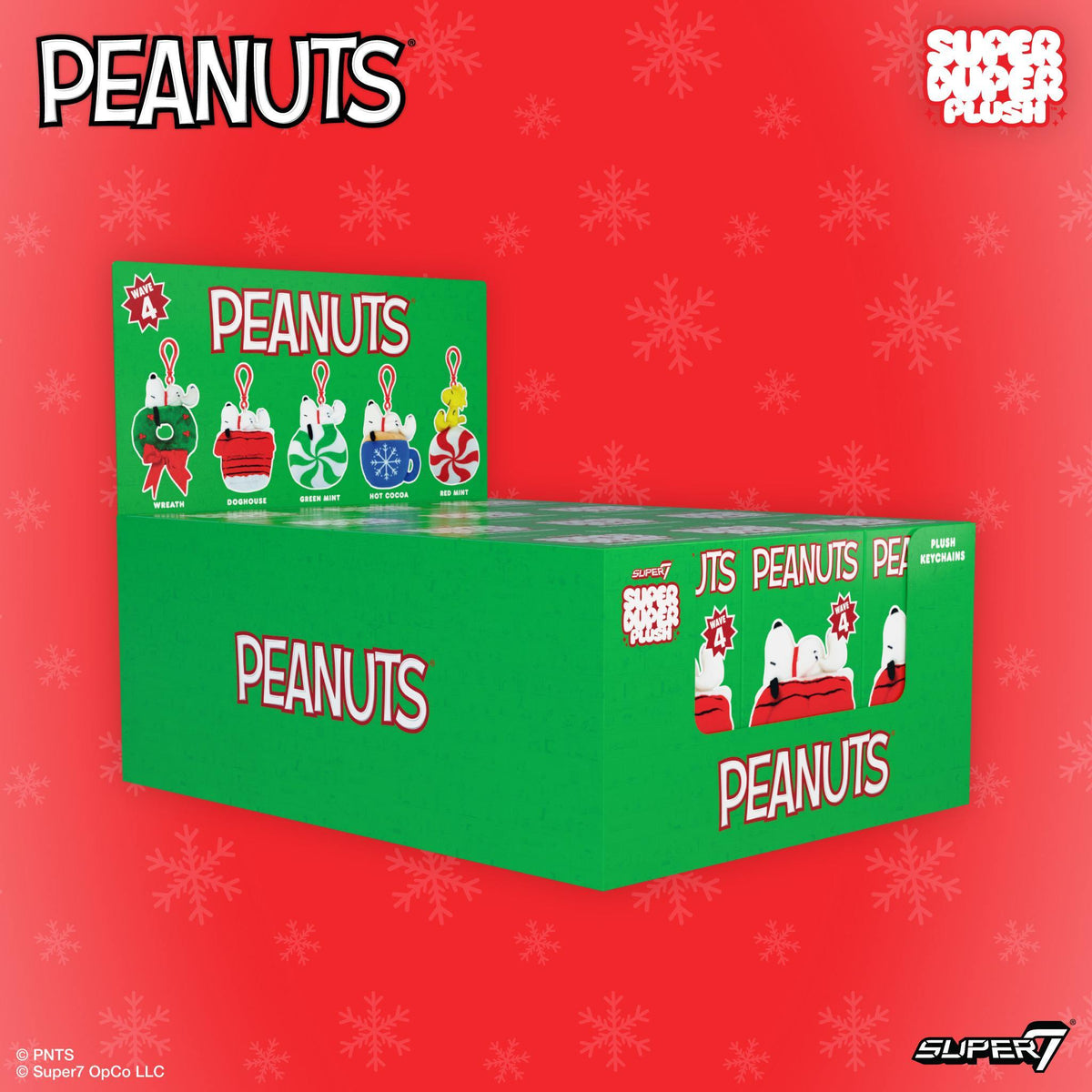 Peanuts Super Duper Plush holiday keychains blind box display case
