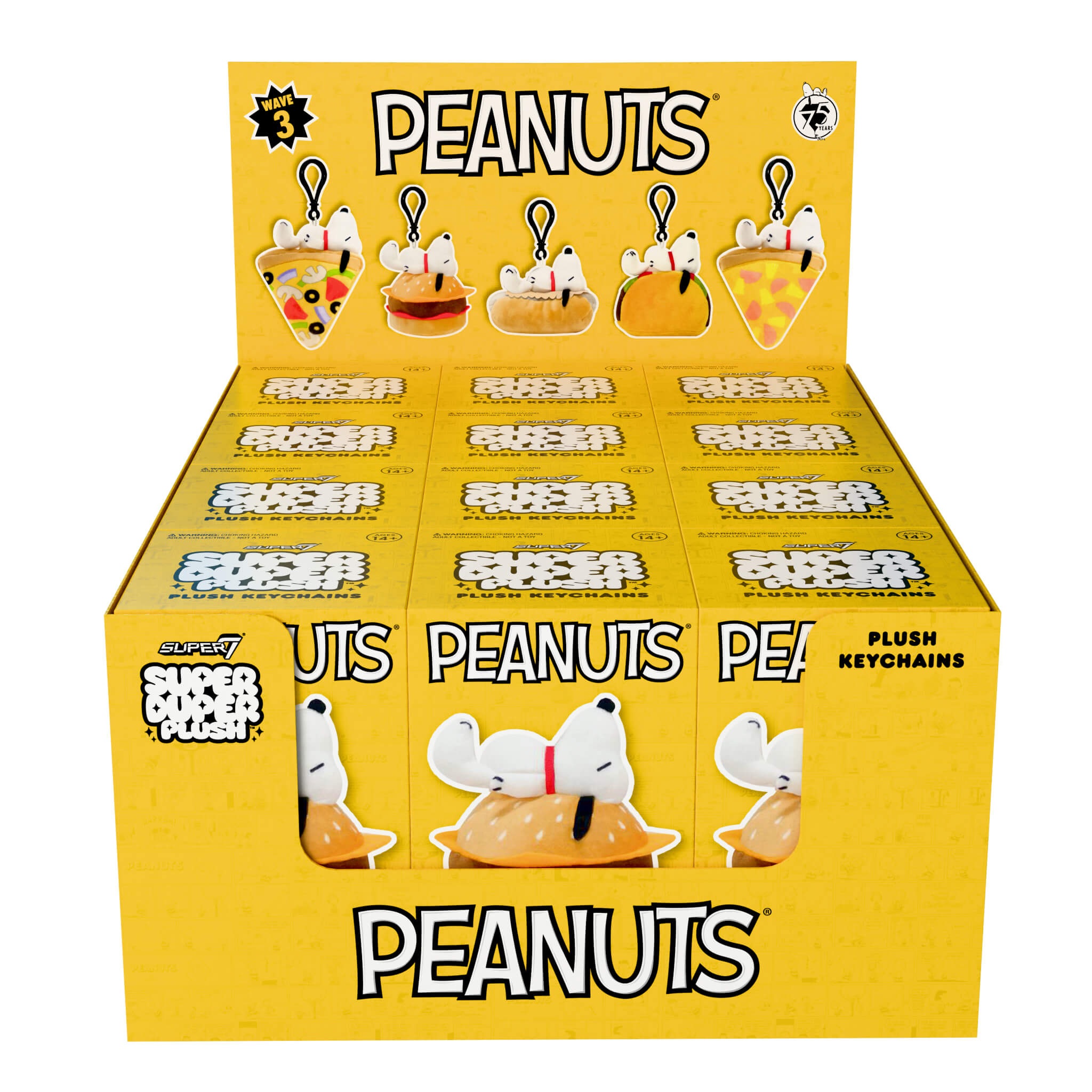 Peanuts Super Duper Plush Blind Box Wave 03 (Food) display with Snoopy keychains on food items