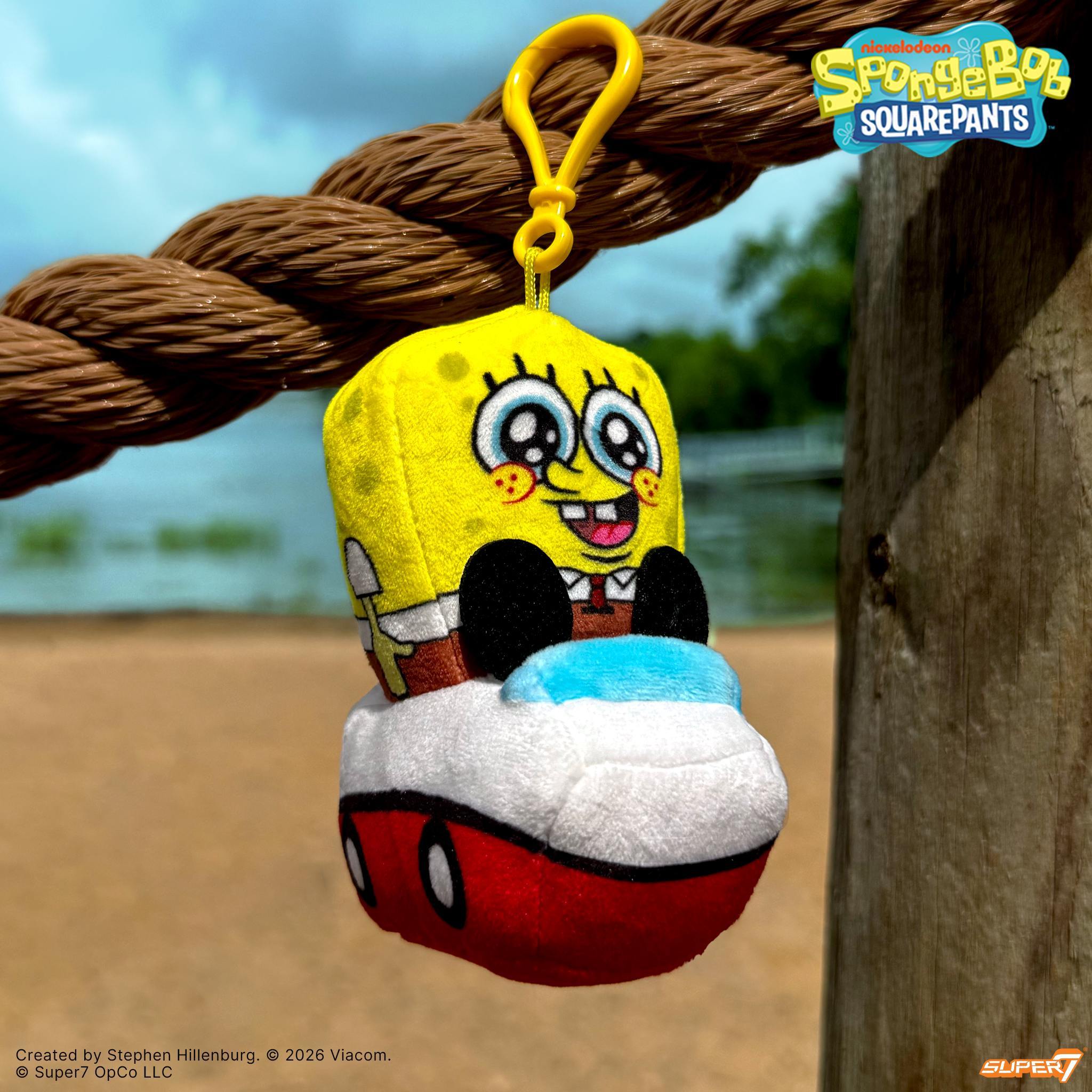 SpongeBob SquarePants plush keychain hanging from a rope