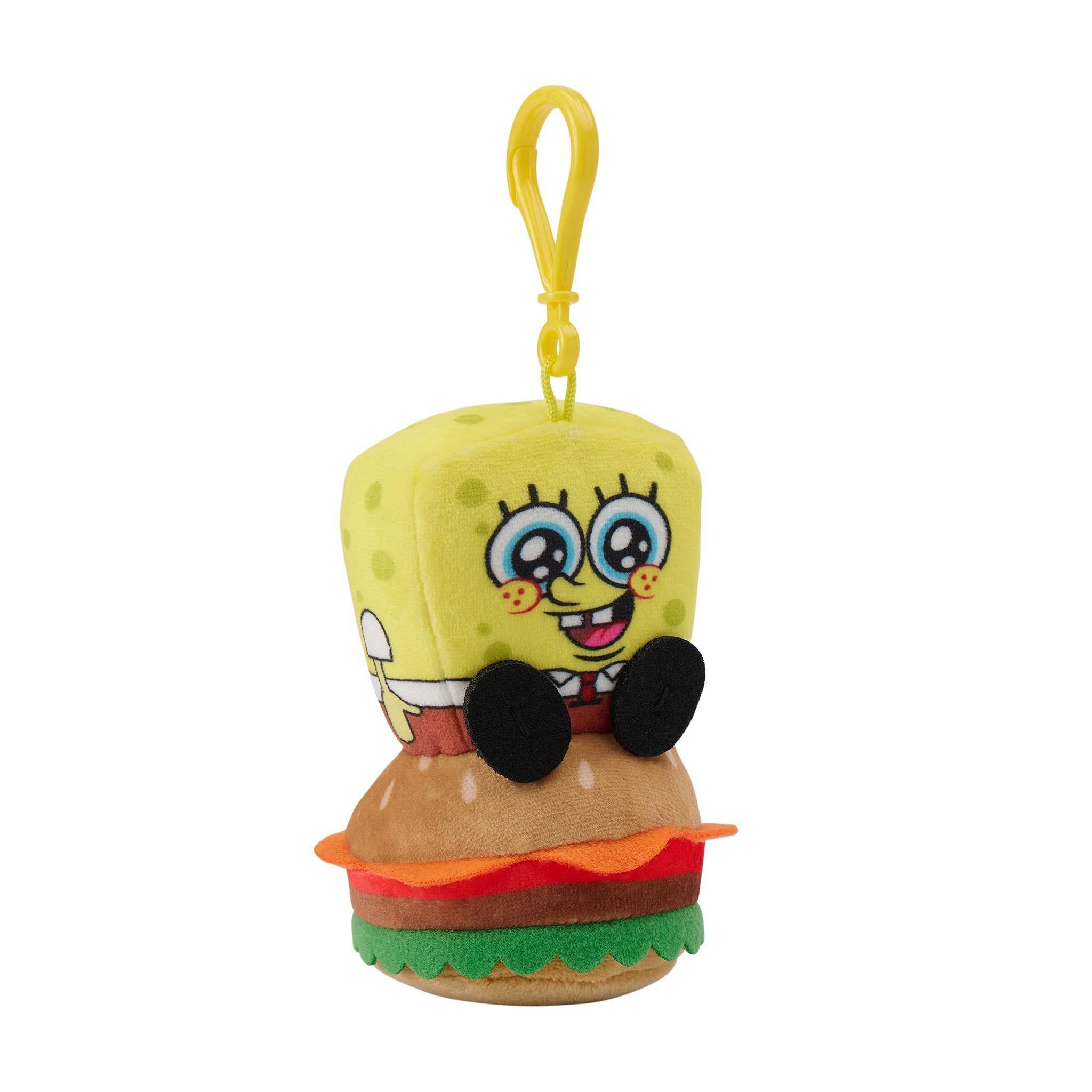 SpongeBob SquarePants plush keychain sitting on a hamburger