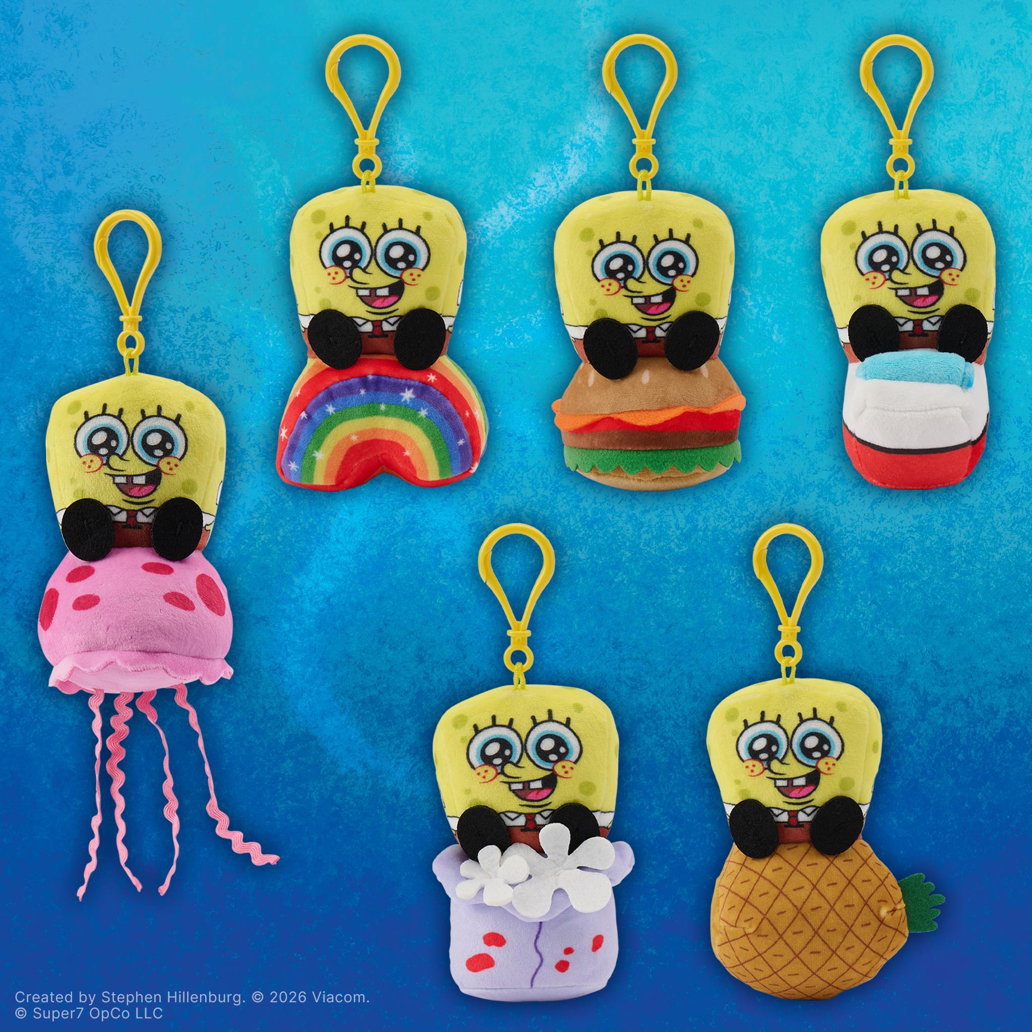 Six Spongebob Squarepants plush keychains featuring Spongebob with a jellyfish, rainbow, burger, boat, flower, and pineapple
