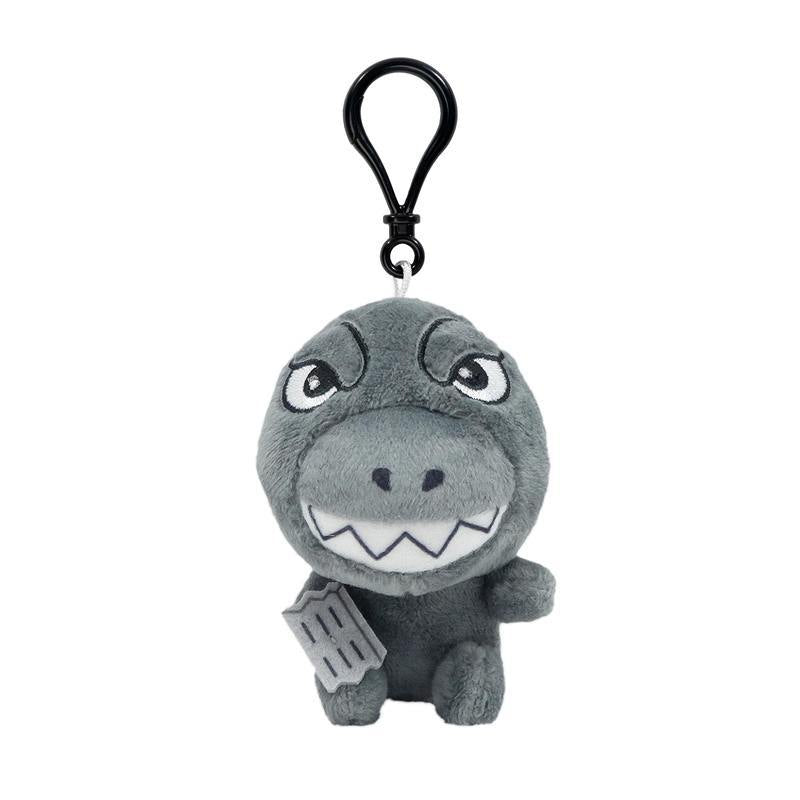 Grey T rex plush keychain with a wide toothy grin and a black clip.