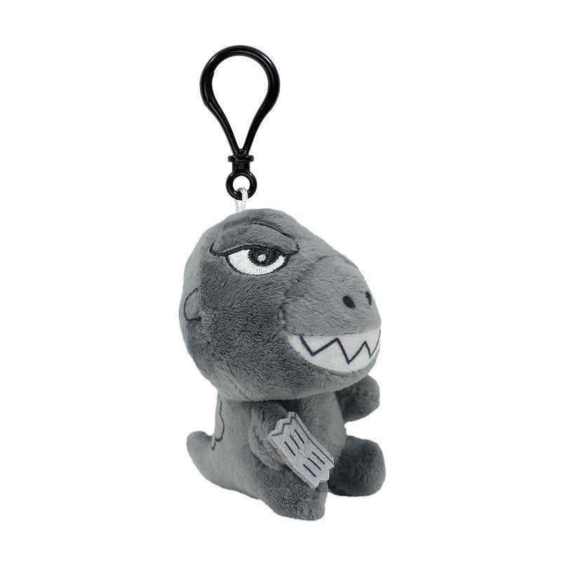 Side view of grey T rex plush keychain with a black top clip.