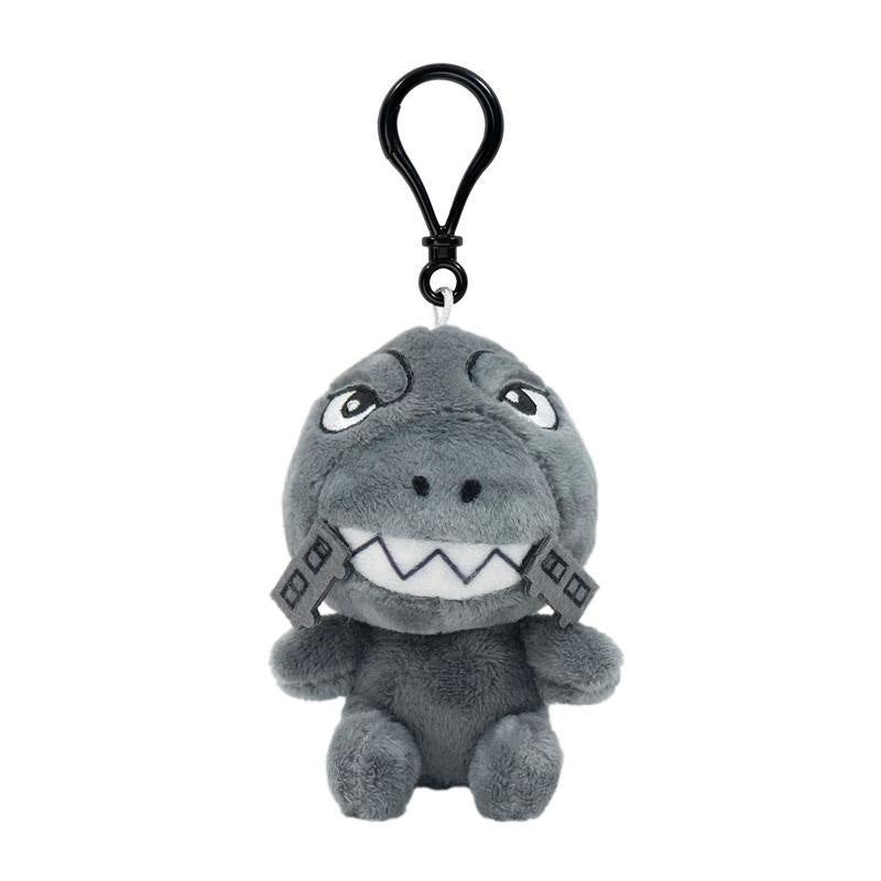 Gray dinosaur plush keychain with black clip and gray armor plate accessories on its sides