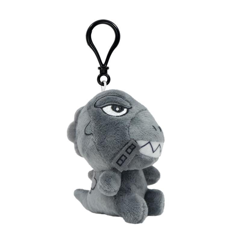 Gray dinosaur plush keychain with a black plastic clip