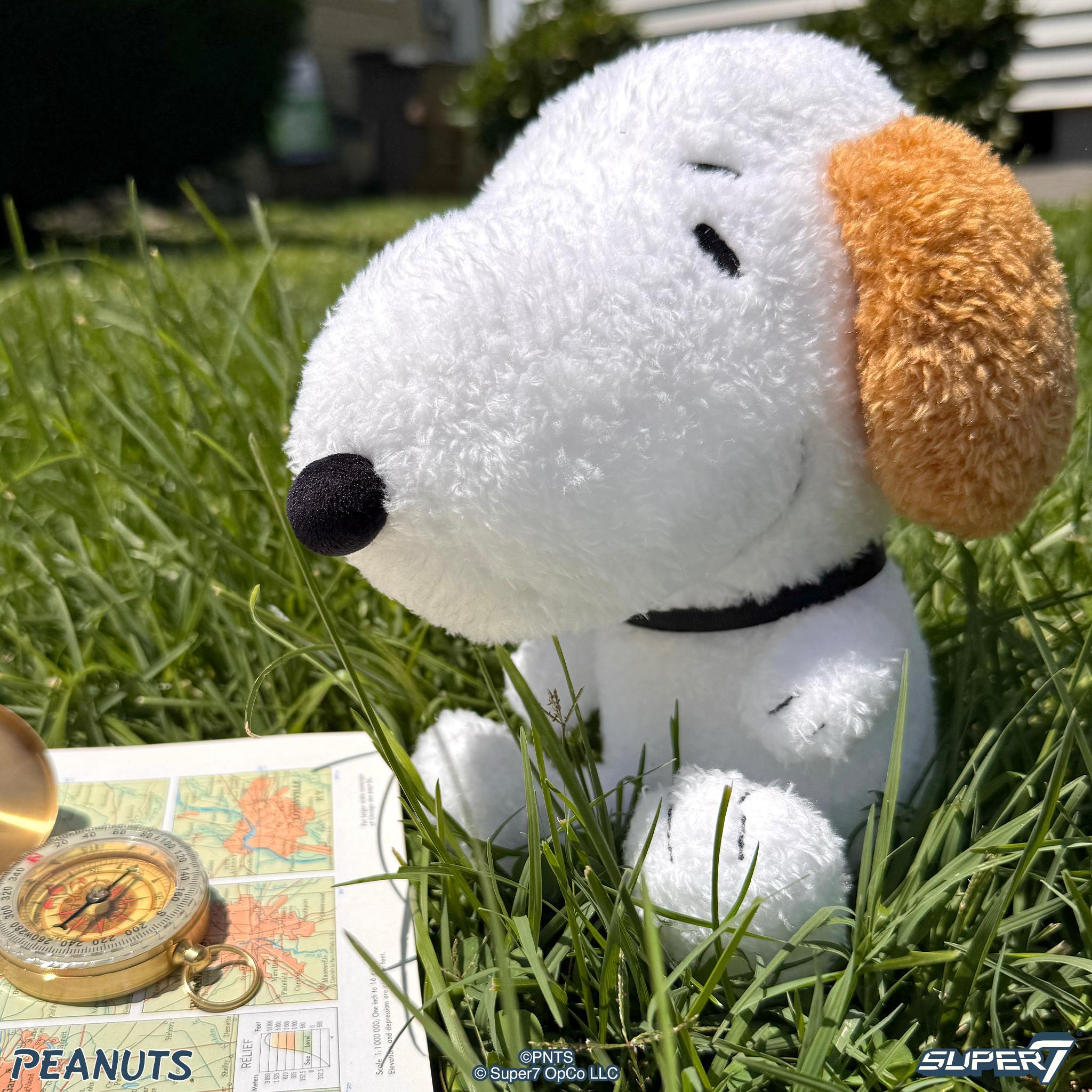 Close up of Andy the Peanuts plush dog with white fur and brown ears on grass