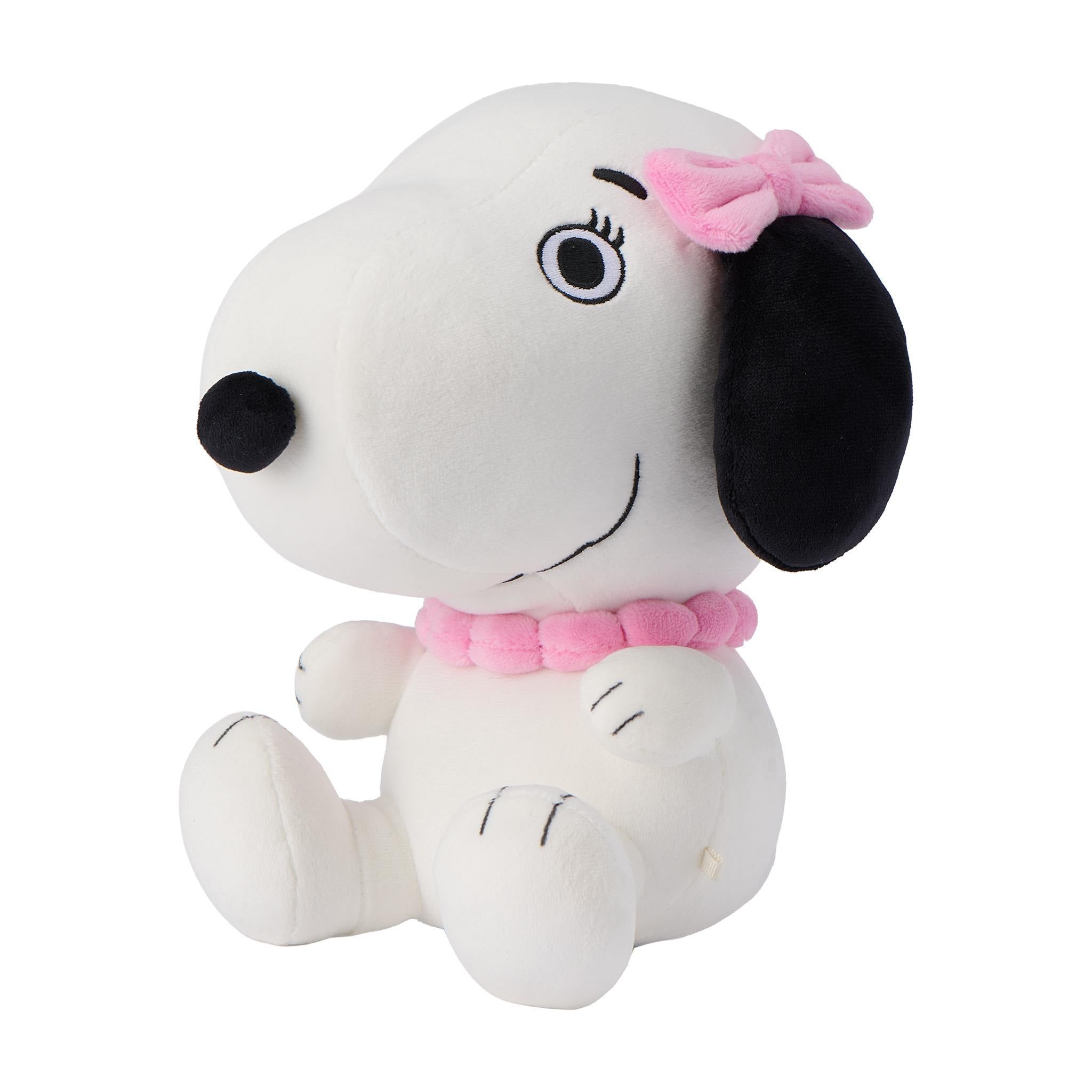 Snoopy plush with a pink bow and pink neck scarf from the Peanuts Adopt a Puppy Wave 01 set