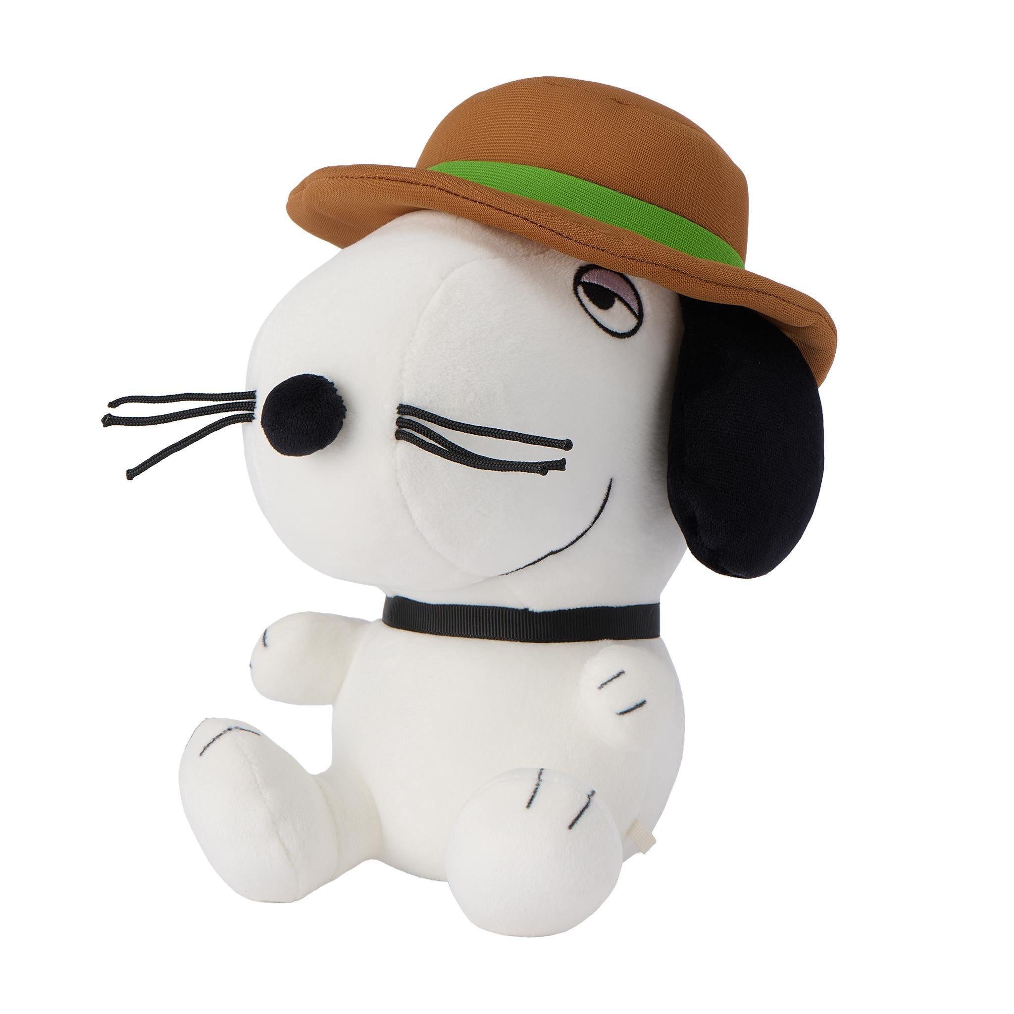 Spike the beagle plush in a seated pose with a black belt around the torso and stitched limbs