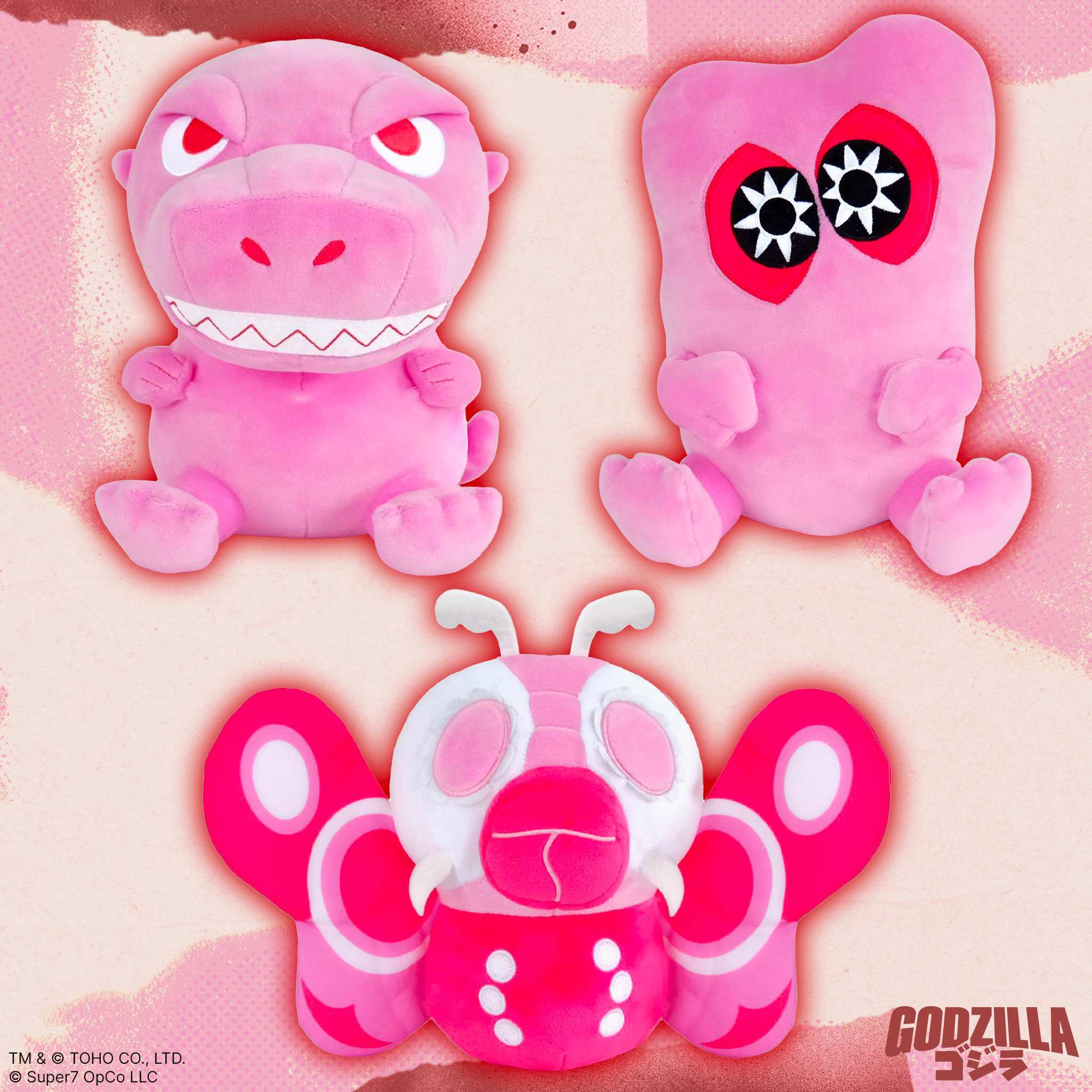 Toho Super Duper Plush Wave 04 - Godzilla '89, Mothra '64  & Hedorah (Pink)