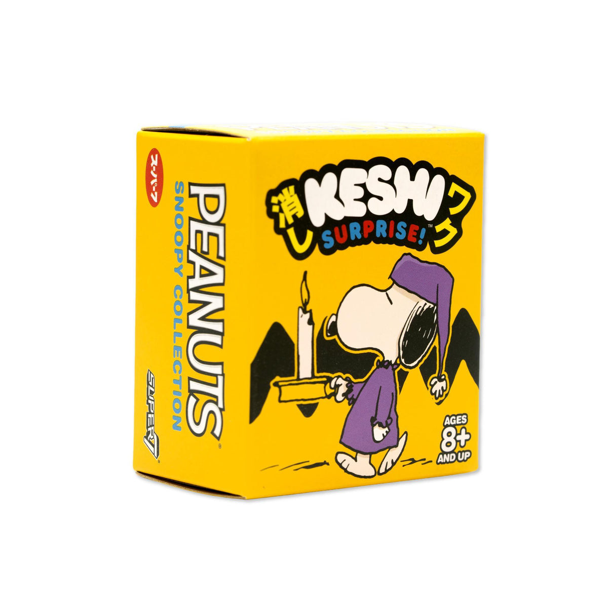 Peanuts Keshi Wave 03 Snoopies blind box packaging on yellow background with large Peanuts logo and Snoopies artwork