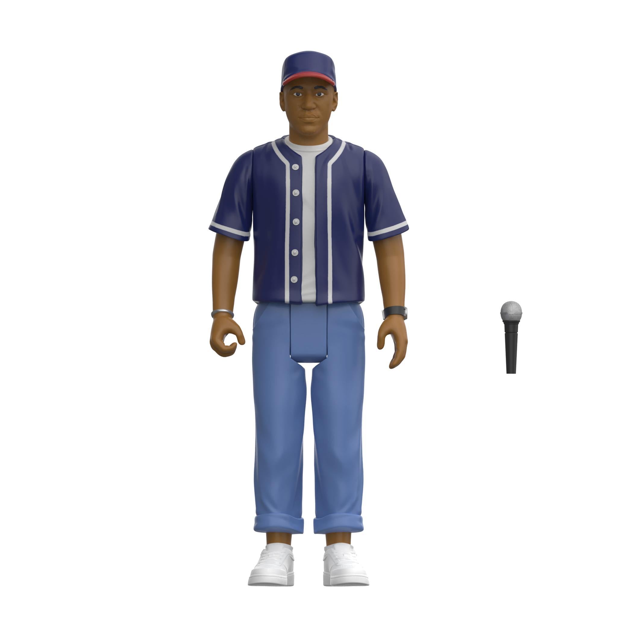 Tribe Called Quest Wave 2 Q-Tip ReAction Figure in blue baseball jersey with microphone on white background