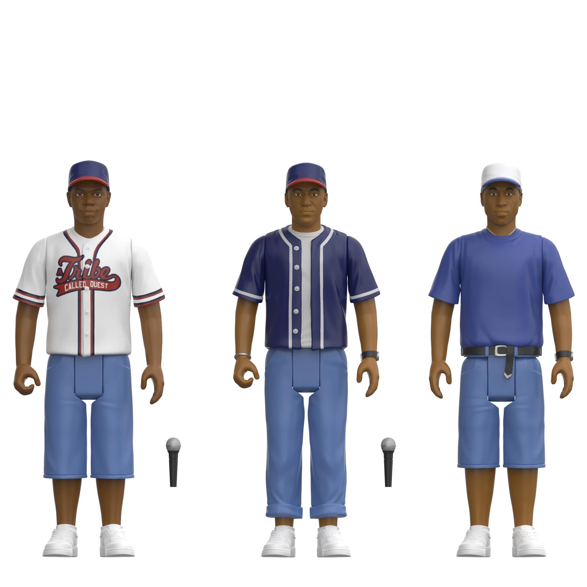 Tribe Called Quest Wave 2 ReAction Figures Phife Dawg, Q-Tip, and Ali with two microphone accessories on white background