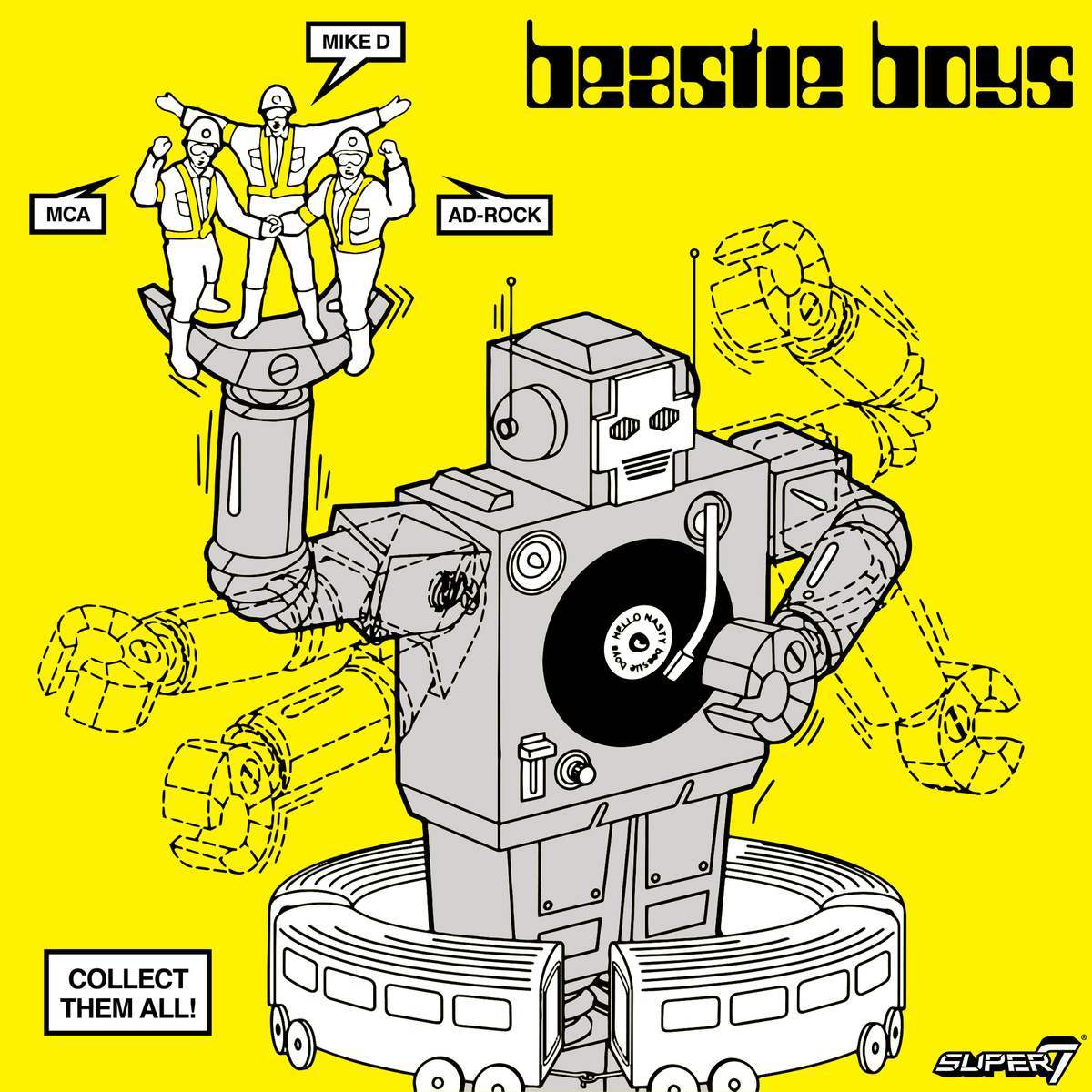 Beastie Boys robot with turntable and three figures on its head