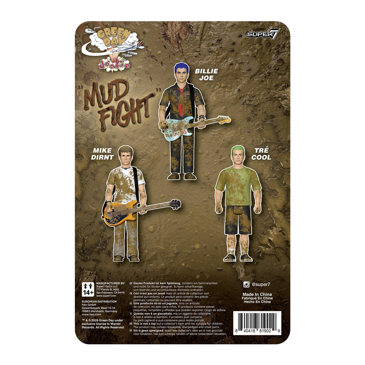 Back of Mud Fight packaging for Green Day ReAction Wave 01 showing a muddy background multiple figure cutouts and a barcode.