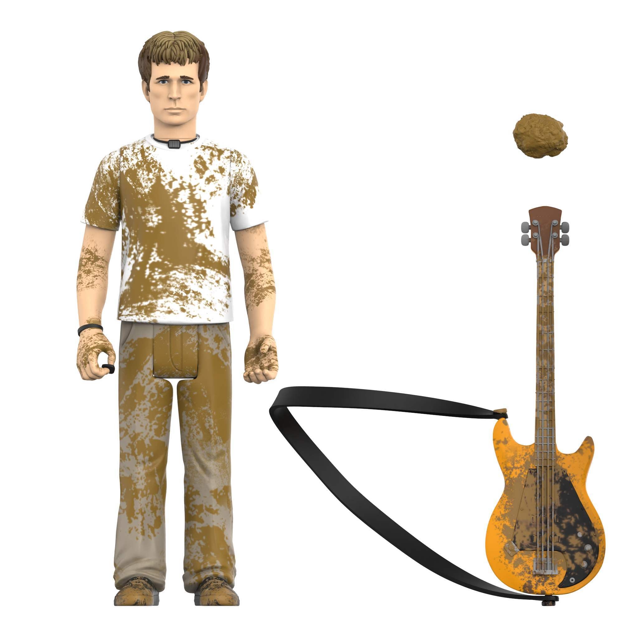 Mud splattered Green Day ReAction Wave 01 figure wearing a white shirt and tan pants with an orange electric guitar nearby.