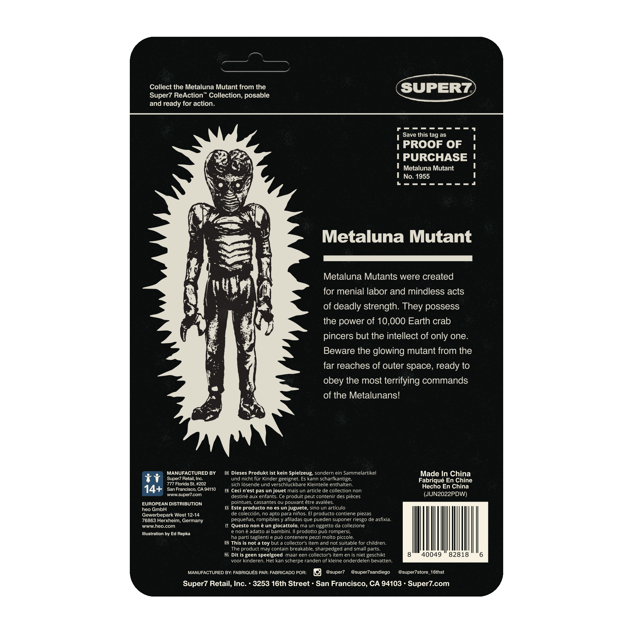 Back of Super7 ReAction Metaluna Mutant figure packaging with figure illustration and product details