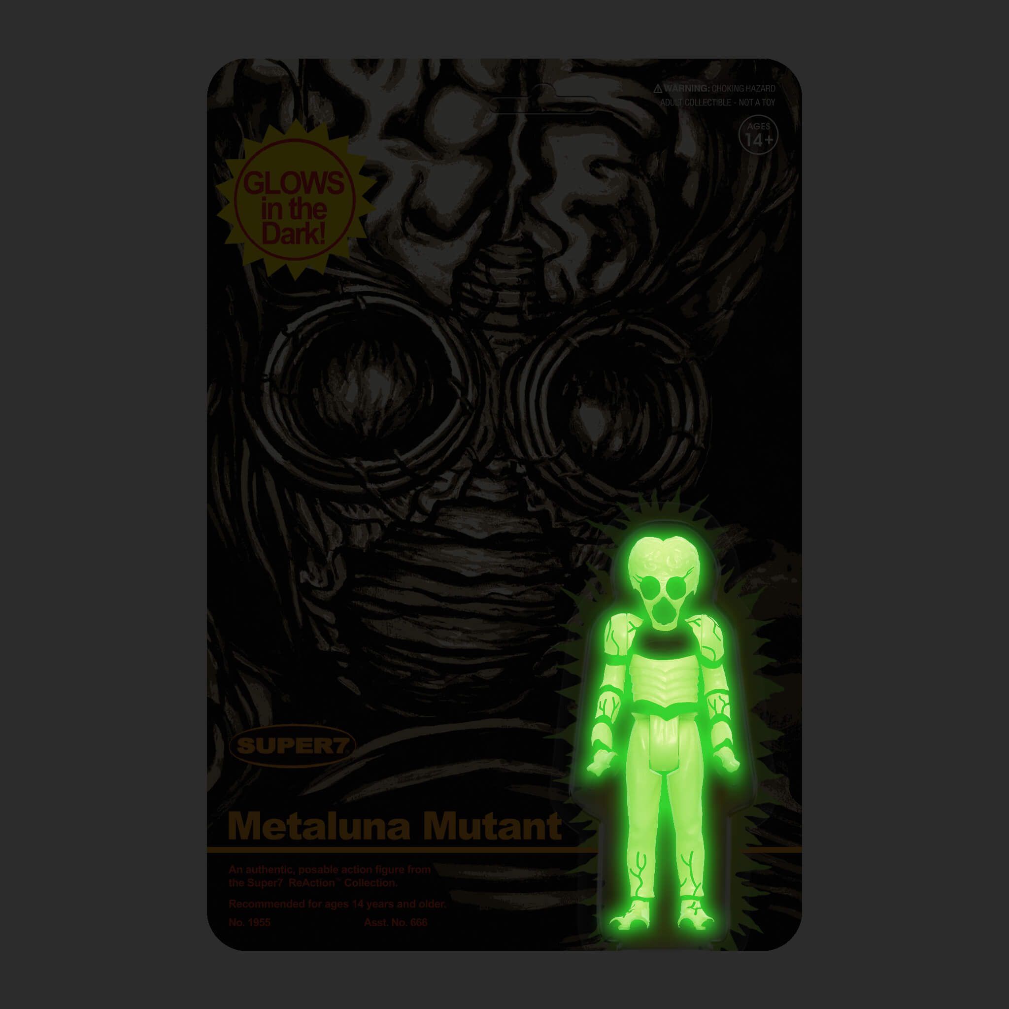 Metaluna Mutant action figure, glowing green, on a dark card with a monster illustration