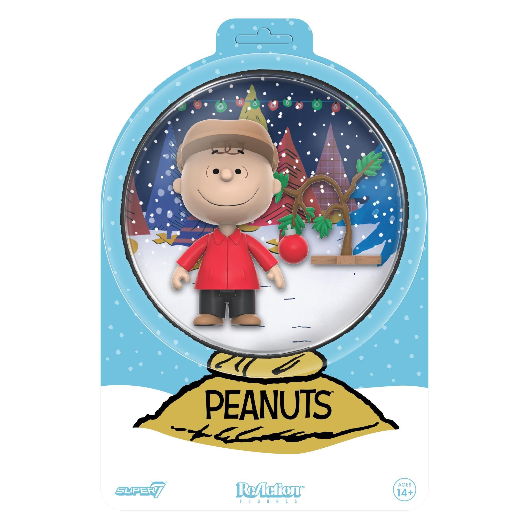 Front view of the Charlie Brown and Sad Tree ReAction Figure snow-globe holiday packaging on a clean white background.