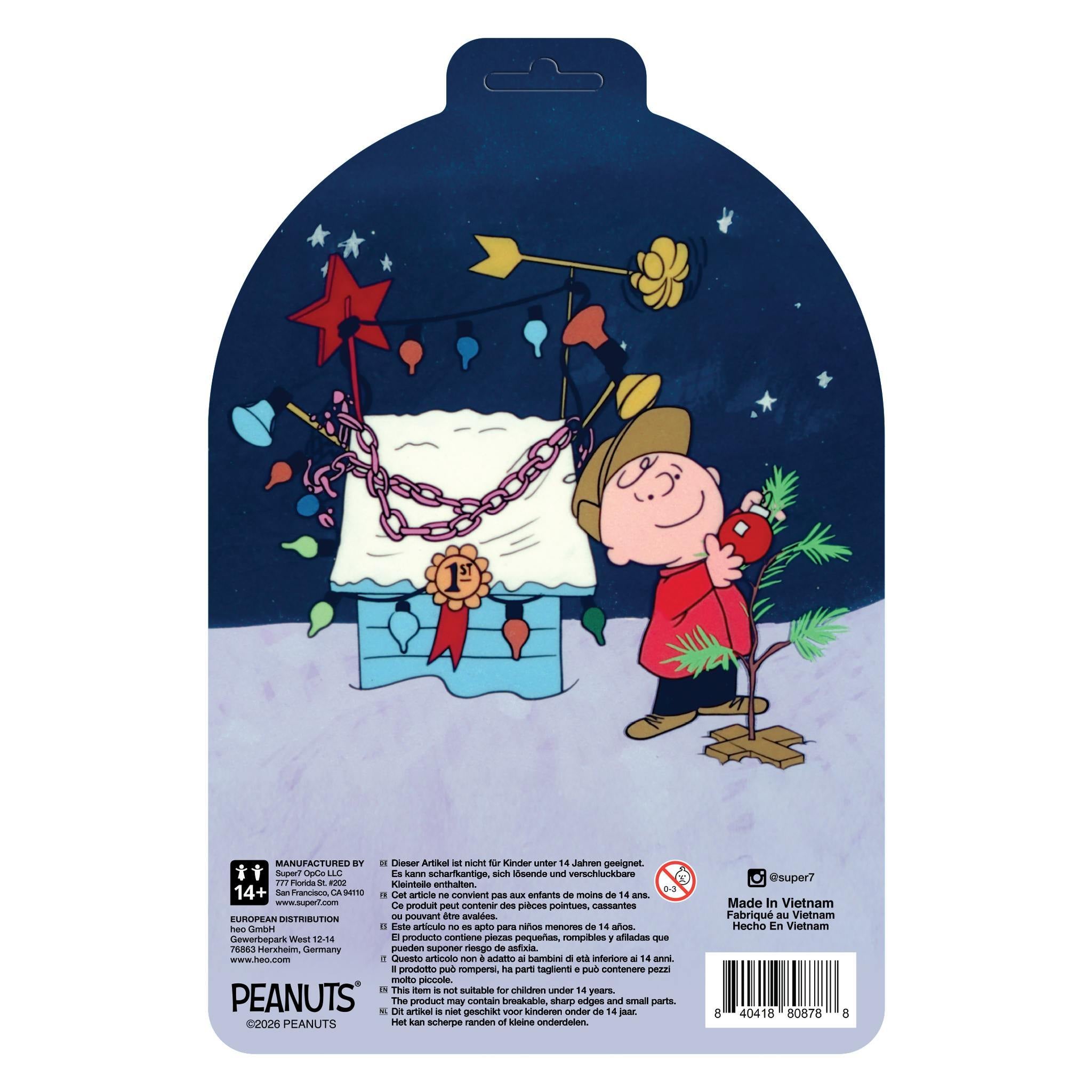 Back of Peanuts ReAction Figures - Charlie Brown and Sad Tree packaging featuring an illustration of Charlie Brown holding the sad tree next to Snoopy's decorated doghouse at night.