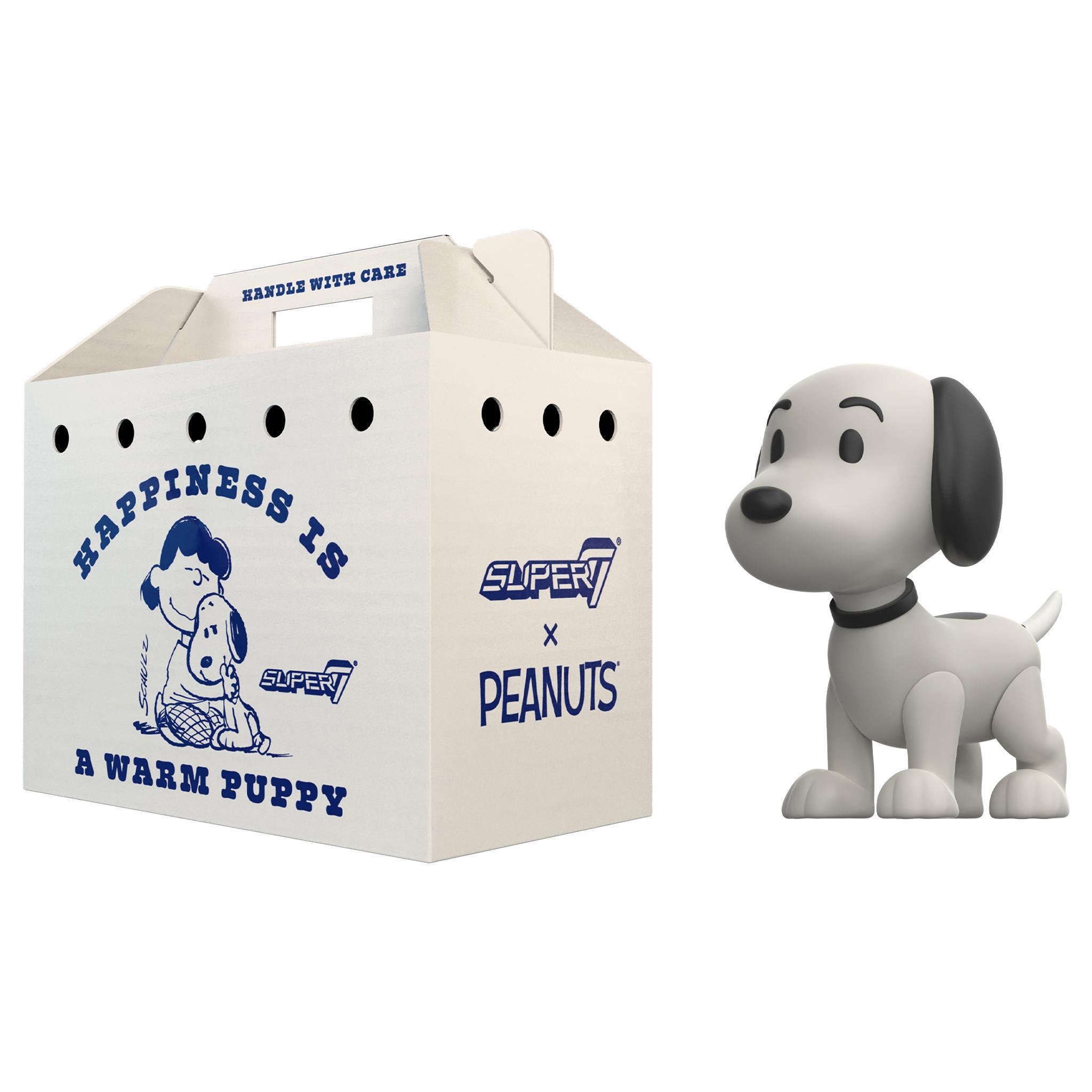 Snoopy puppy from Peanuts ReAction Figures beside a boxed graphic with the Peanuts logo and Warm Puppy slogan