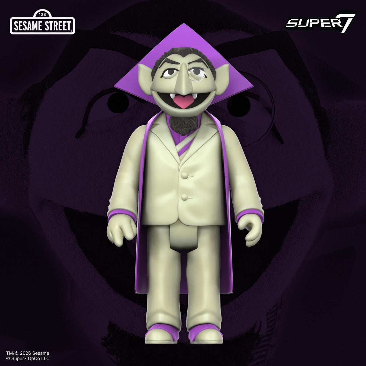 Glow-in-the-dark Count Von Count ReAction figure in purple cape and pointed cap, on a dark Count background