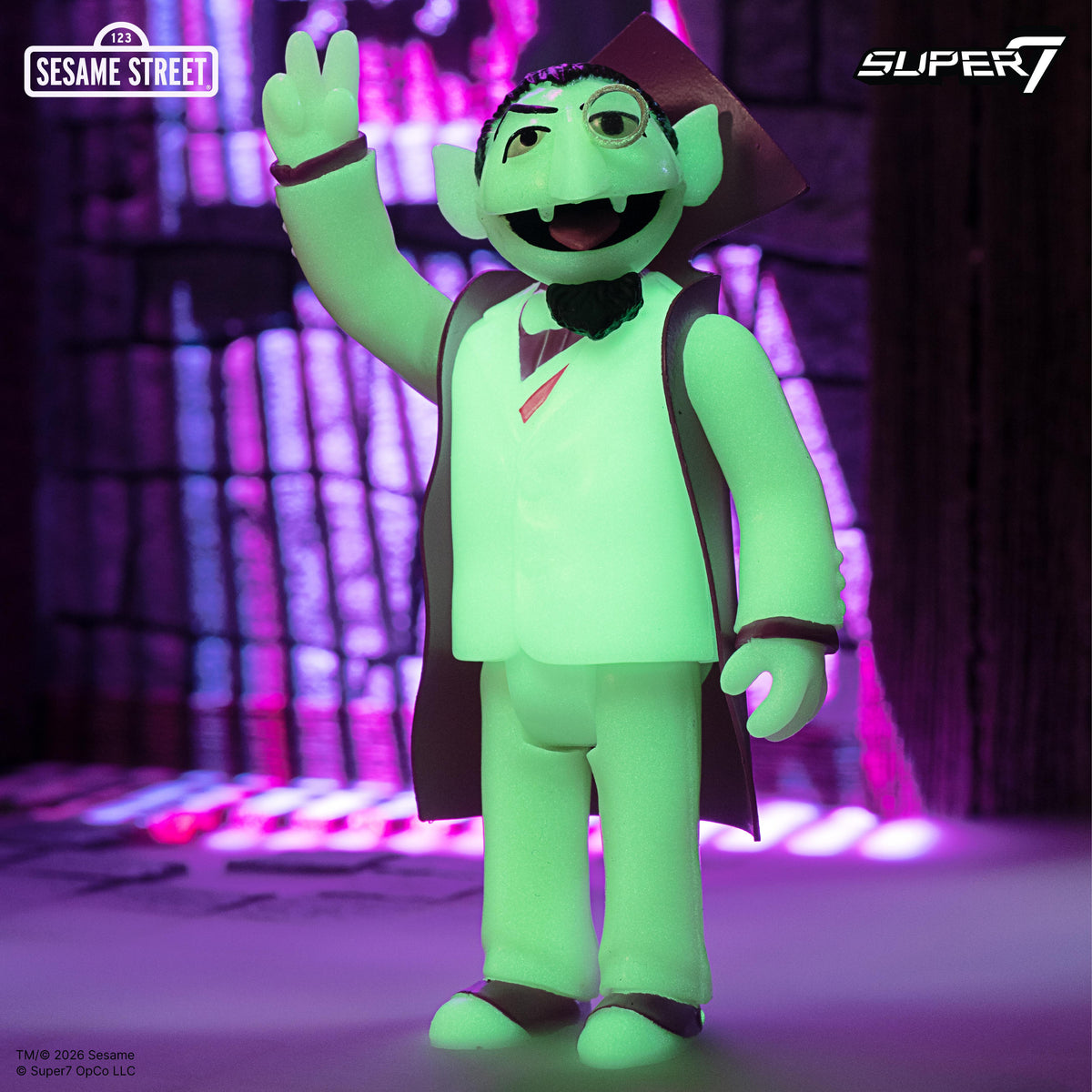Count Von Count ReAction figure glowing green and waving in a purple-lit castle scene