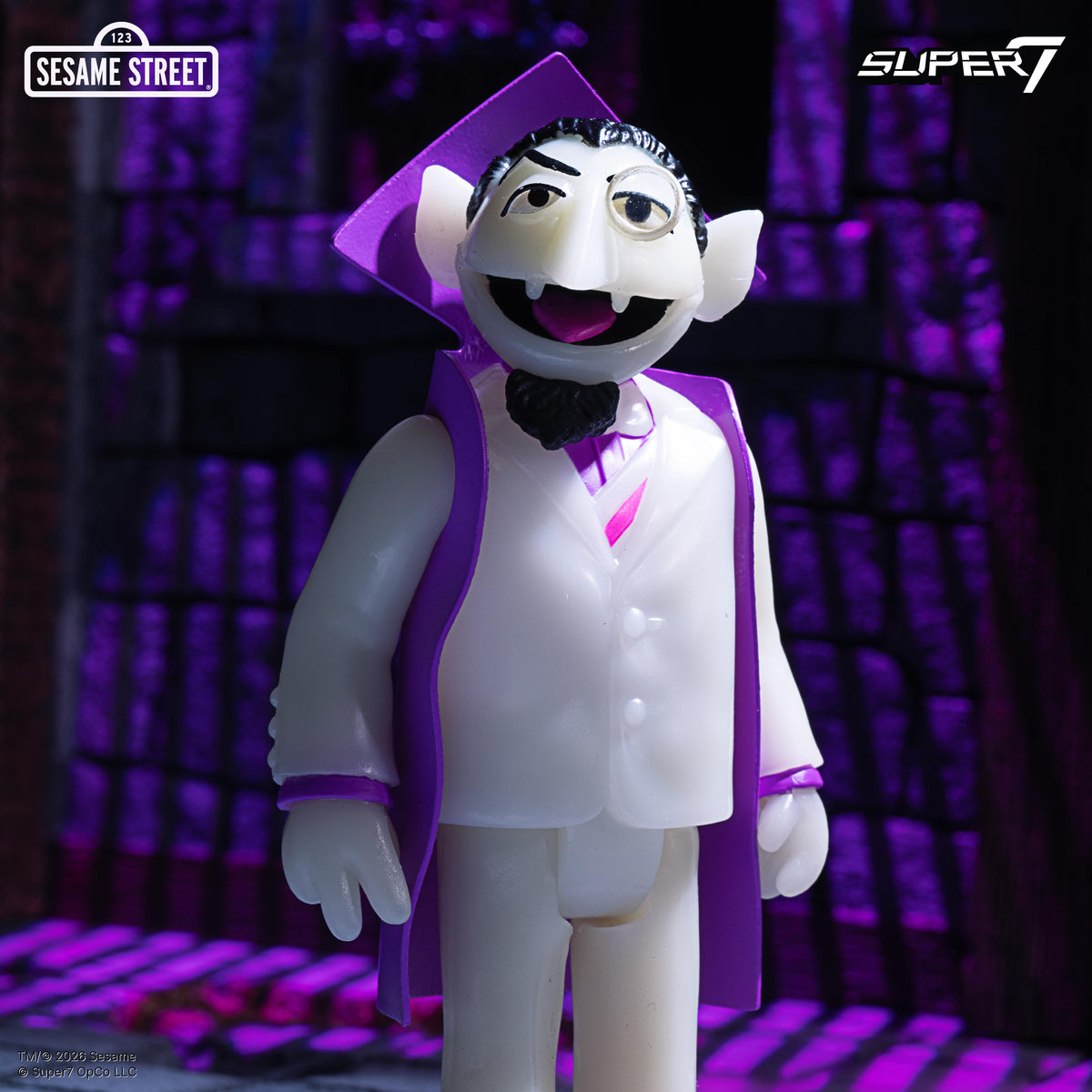 Count Von Count ReAction figure in purple cape and cap under purple light in a castle scene