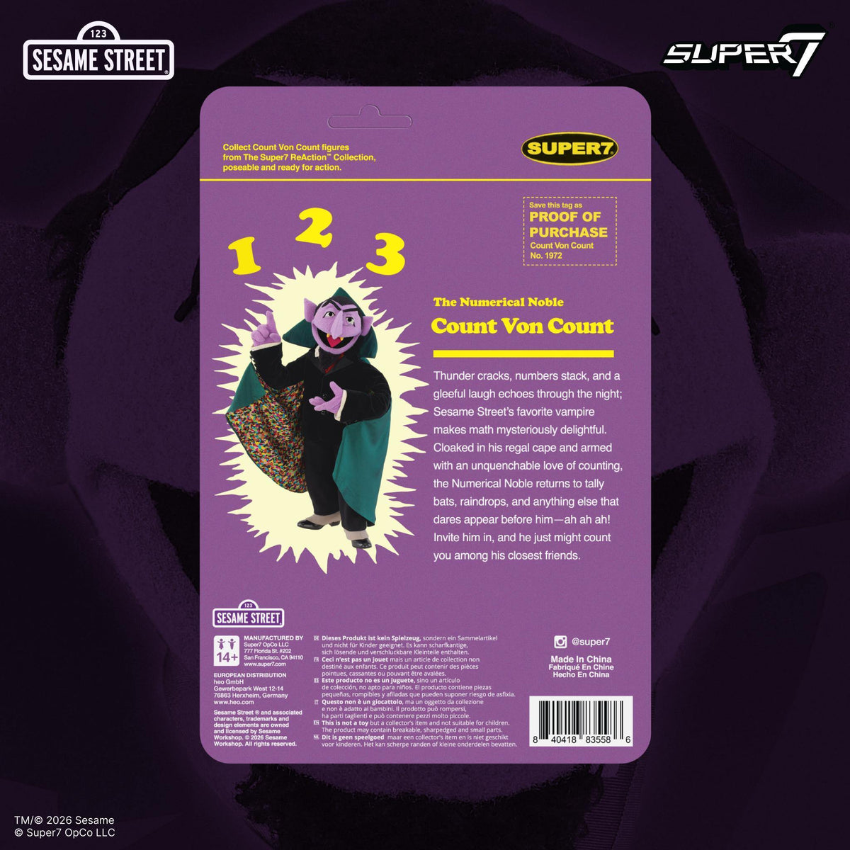Back of Super7 ReAction Count Von Count packaging with character bio, 1-2-3 graphic, and Sesame Street logo