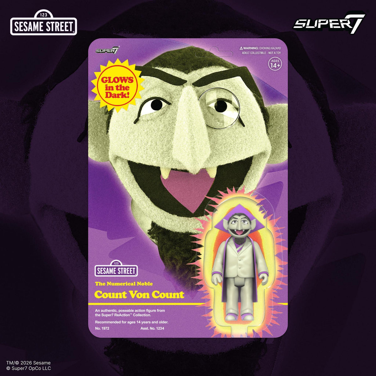 Count Von Count ReAction figure in Glows in the Dark blister packaging, on a dark Count background