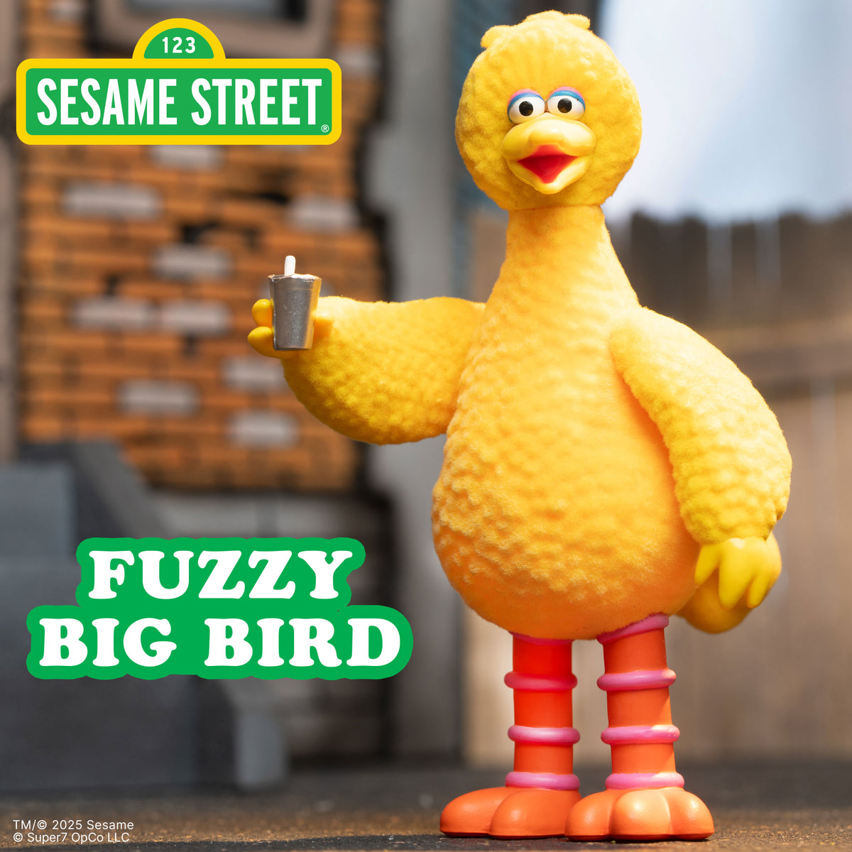 Sesame Street Big Bird flocked figure beside a green Sesame Street sign with 123 badge