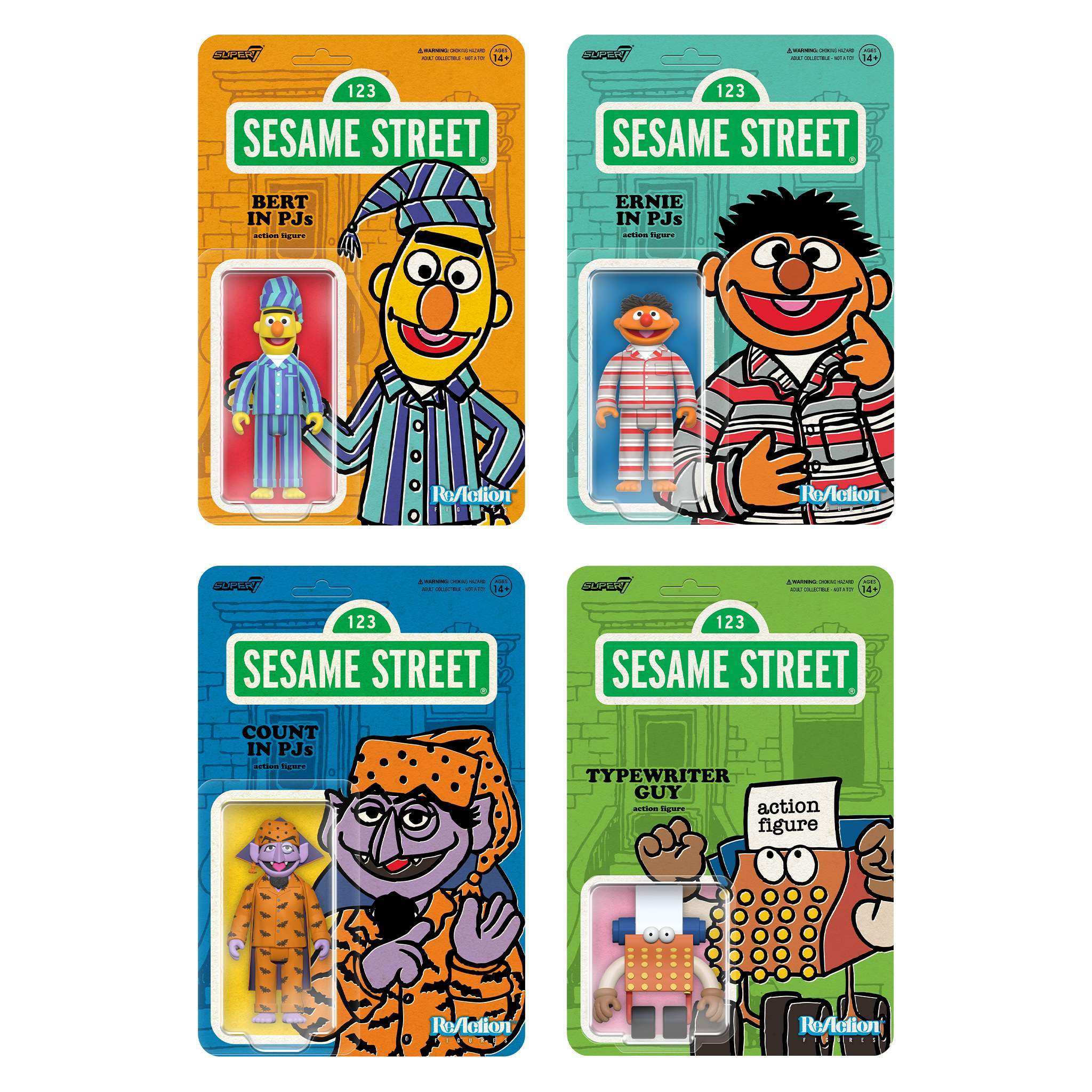 Sesame Street ReAction Figures Wave 6 - Typewriter Guy & Bert, Ernie and Count Von Count (PJs)