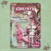 Pink and gray Godzilla toy figure in packaging with cherry blossoms and Mount Fuji on a light green background
