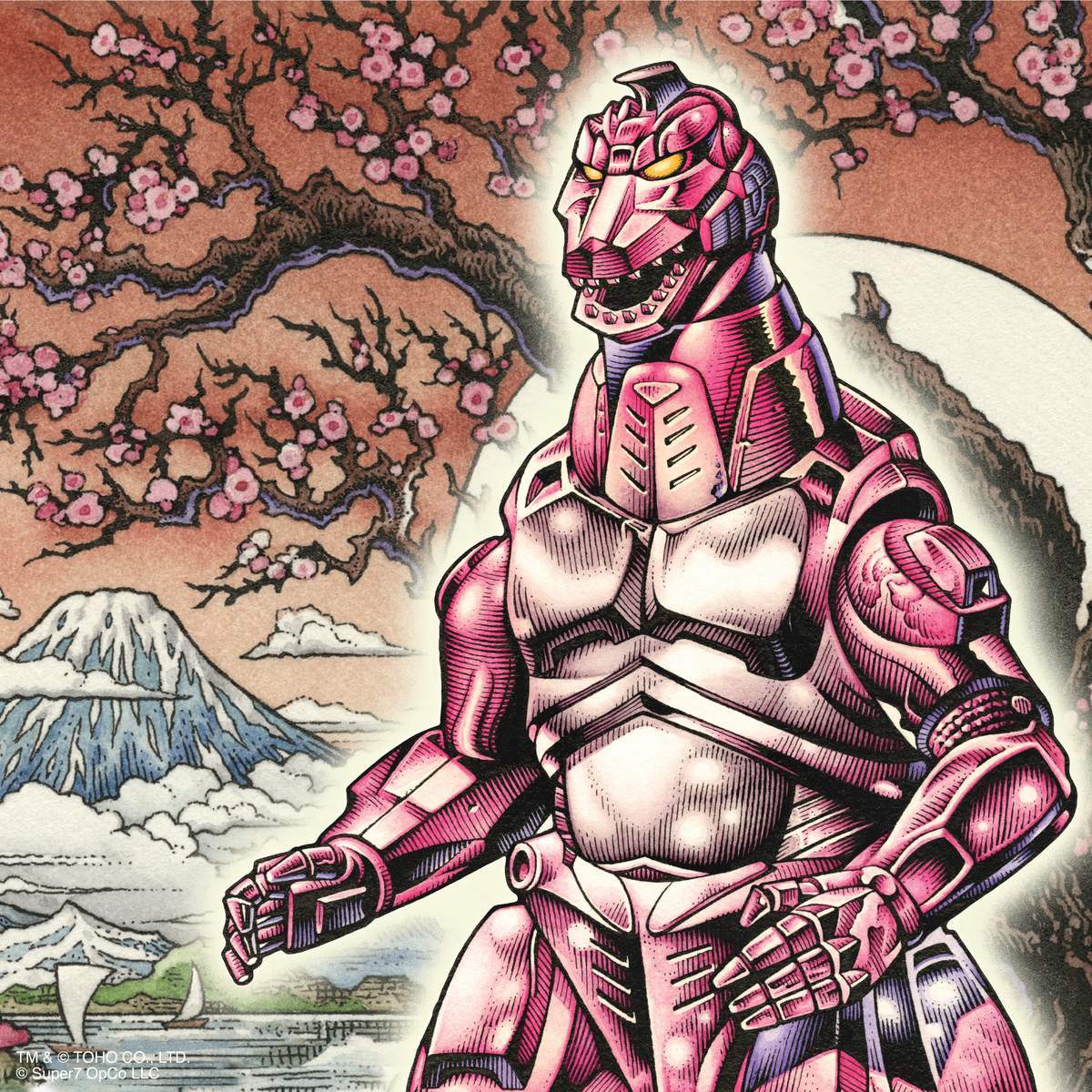 MechaGodzilla in pink armor with Mount Fuji and cherry blossoms in the background