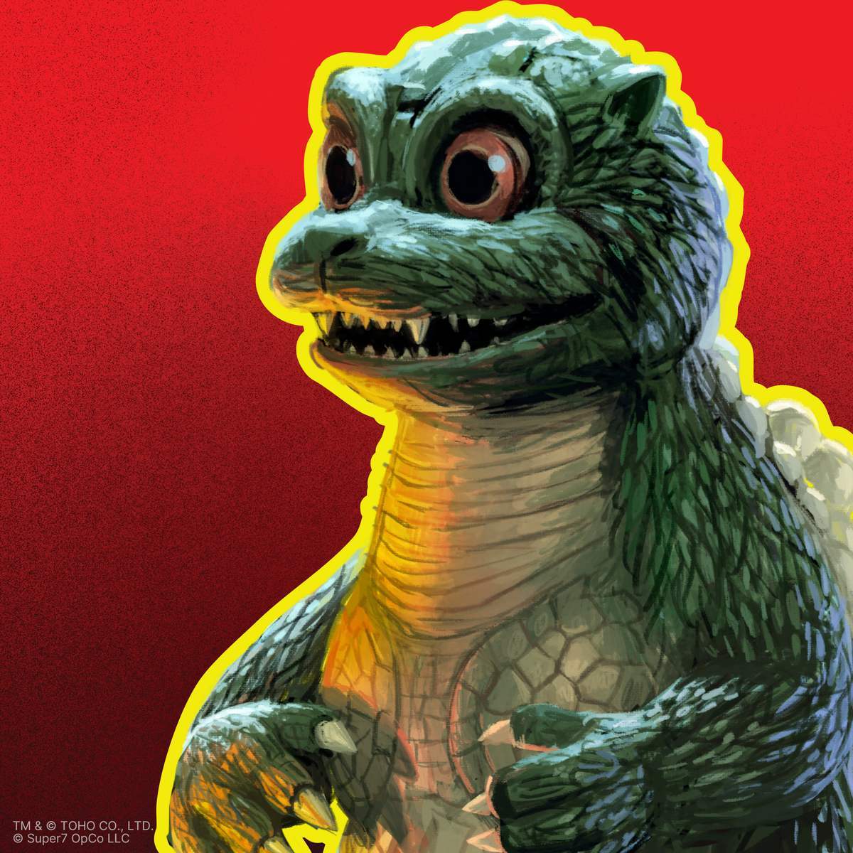 Minilla, Godzilla's son, with large eyes and sharp teeth, on a red background