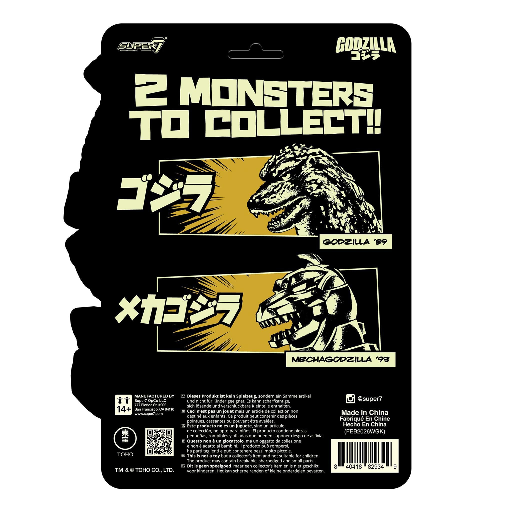 Back of packaging for Toho ReAction Wave 12 two monsters to collect featuring Godzilla 89 and Mechagodzilla 93.