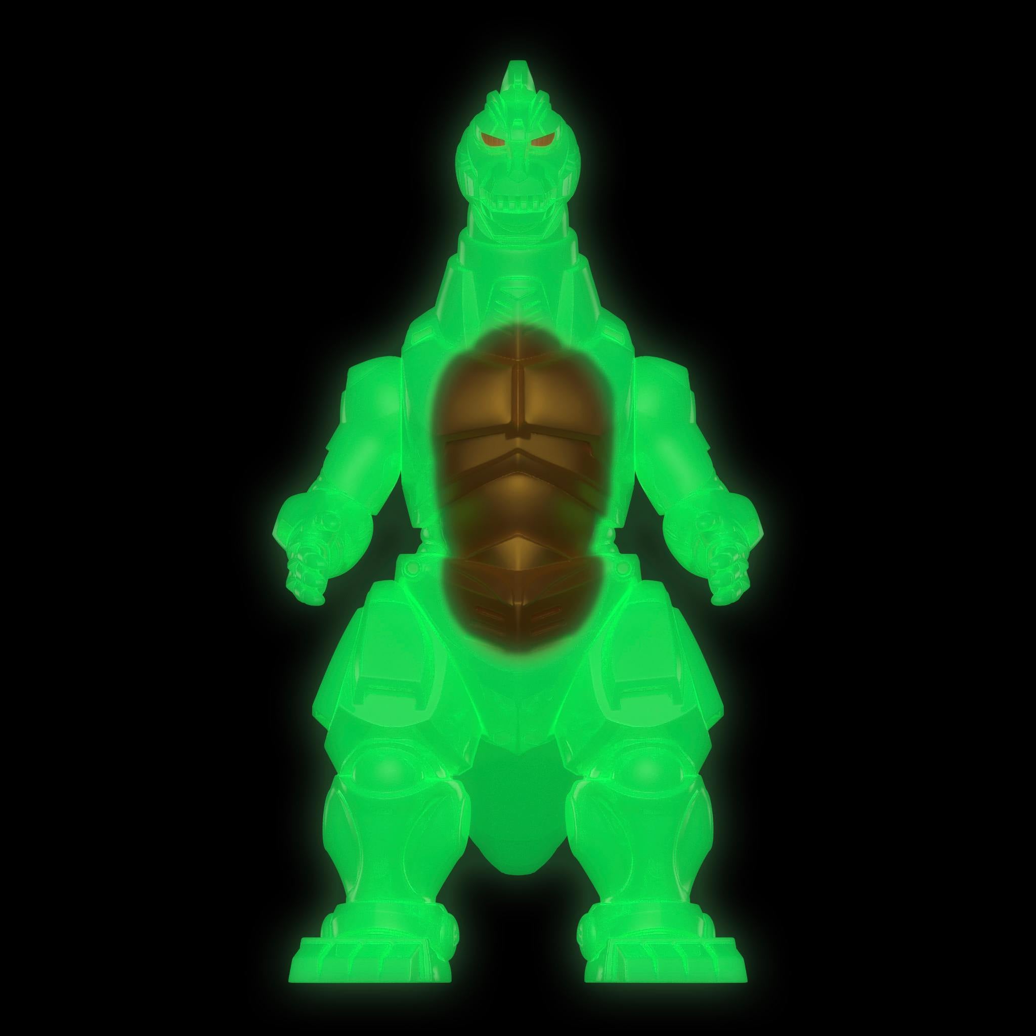 Full body glow in the dark Mechagodzilla 93 figure glowing green against a black background