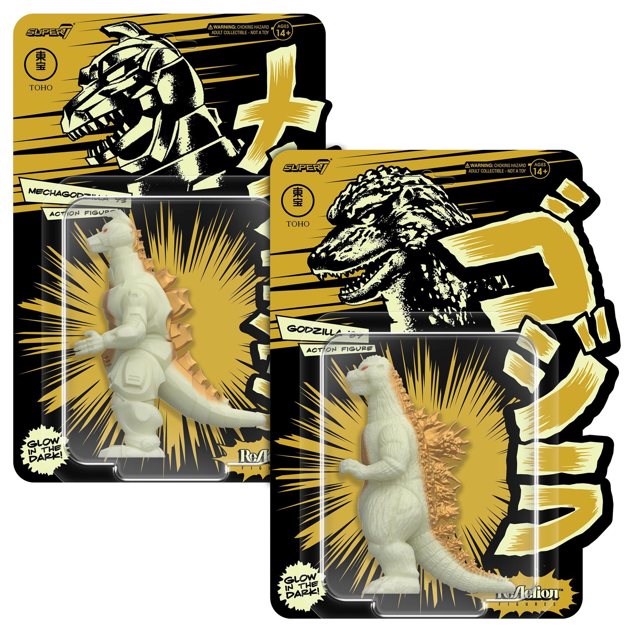 Two-piece blister card packaging featuring Godzilla 89 and Mechagodzilla 93 glow figures with bold gold artwork