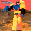 Transformers Super7 ReAction figure of Slapdash, a yellow, blue, and orange robot holding a blue blaster