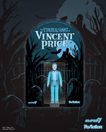 Vincent Price Ghost action figure in clear blister packaging with a blue suit and a blue book accessory beside him