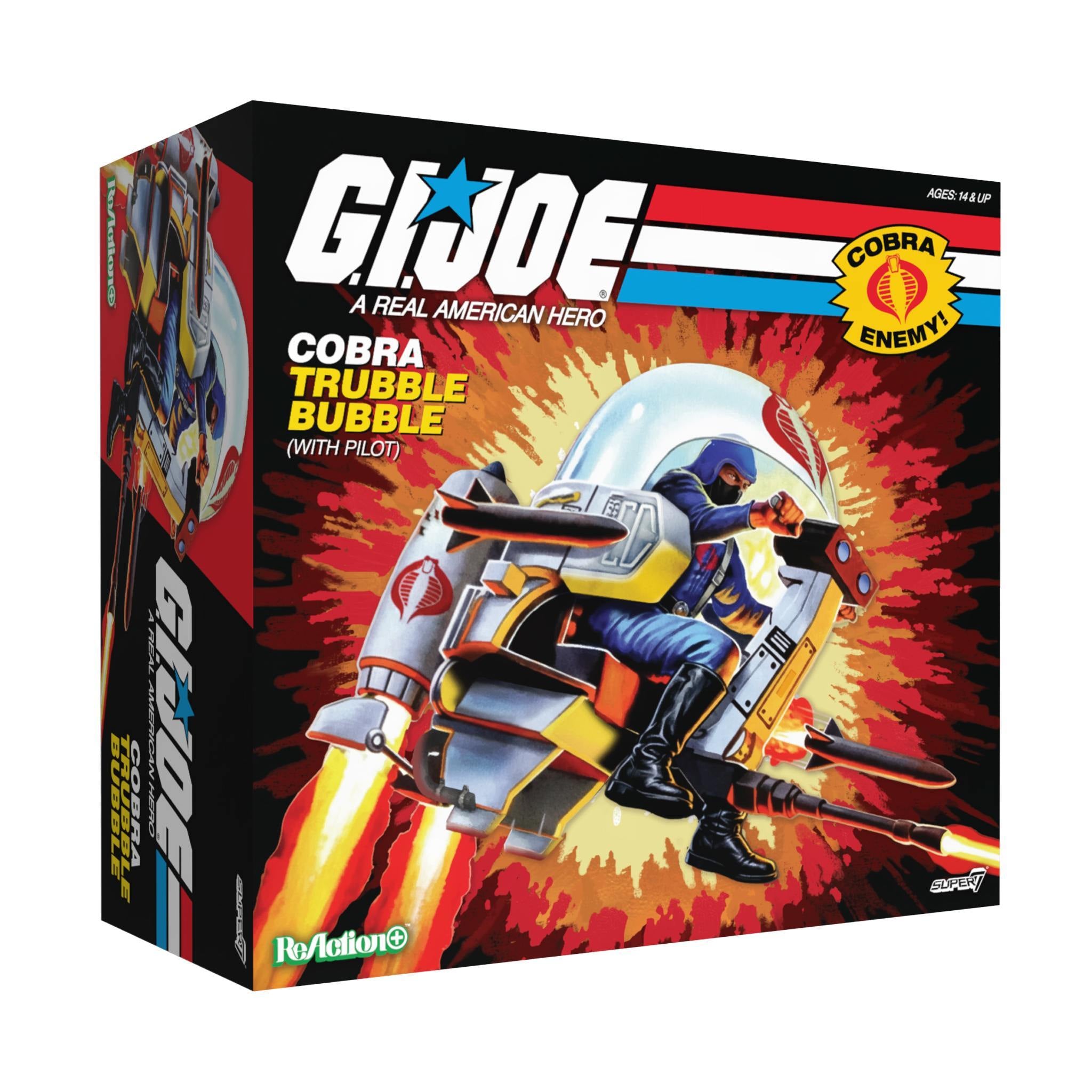 G I Joe ReAction+ Vehicle Trubble Bubble box art featuring Cobra Trooper and Trubble Bubble against a fiery background