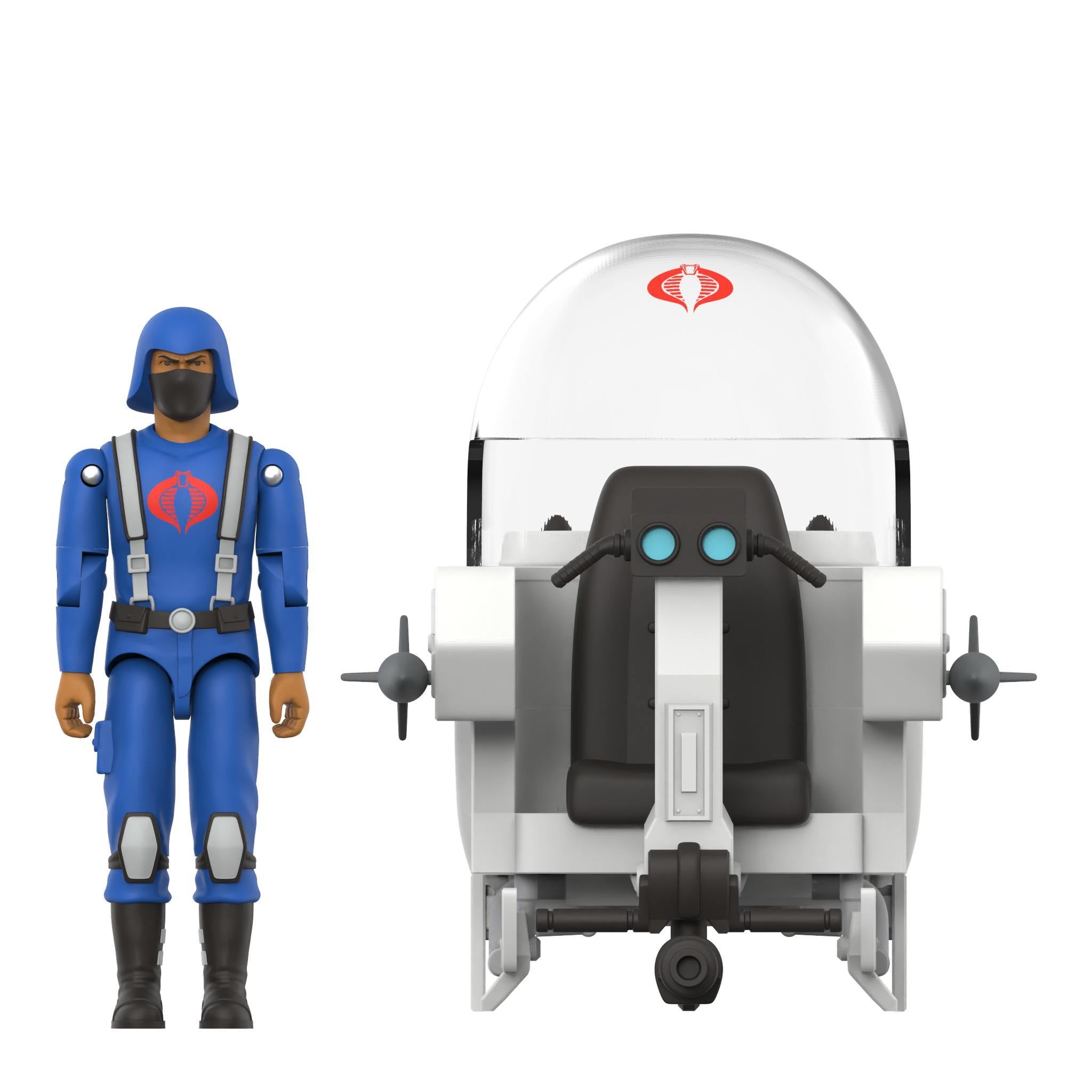 Cobra Trooper figure in blue uniform beside the Trubble Bubble vehicle against a fiery orange backdrop