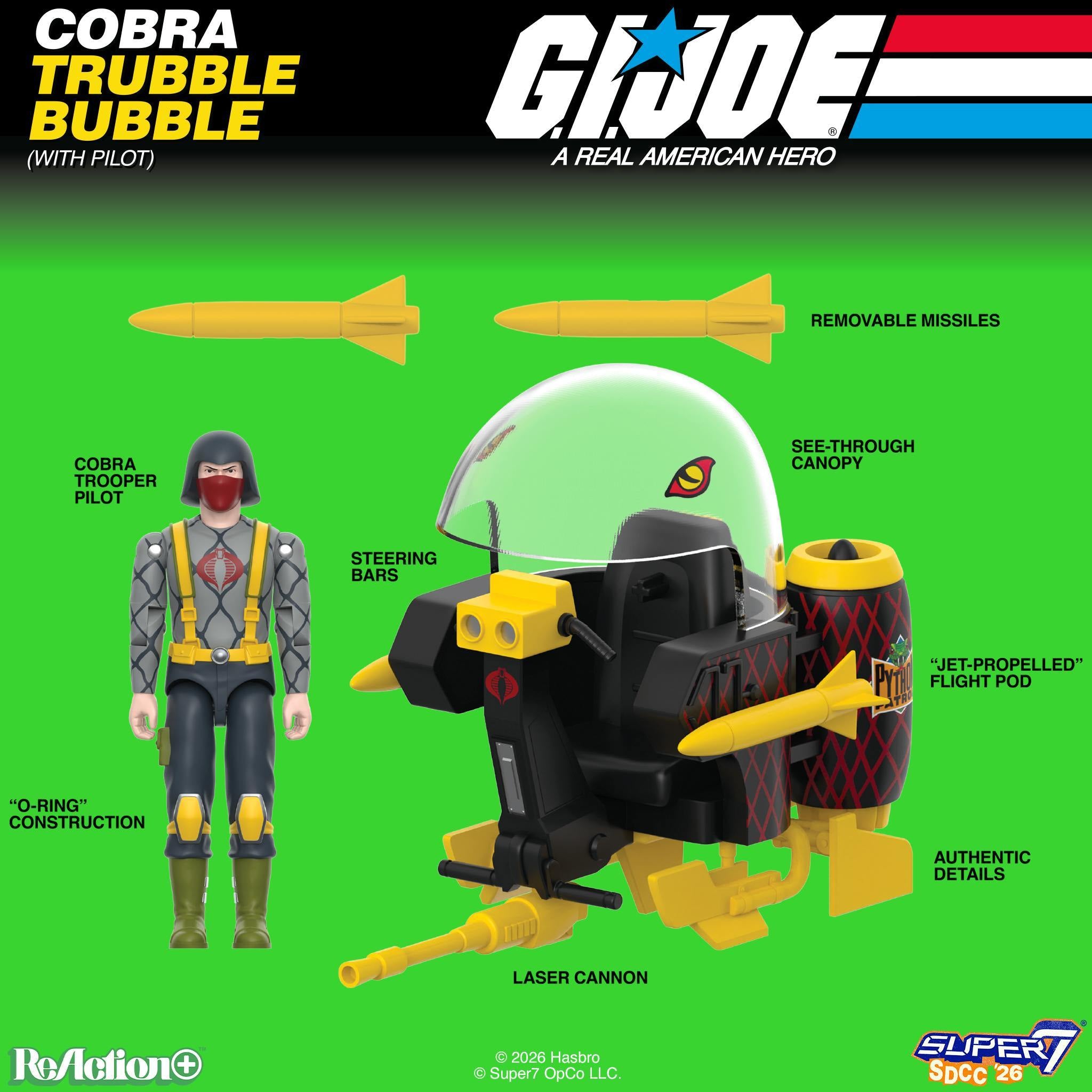 Cobra Trooper pilot with a yellow Trubble Bubble vehicle and missiles on a bright green background