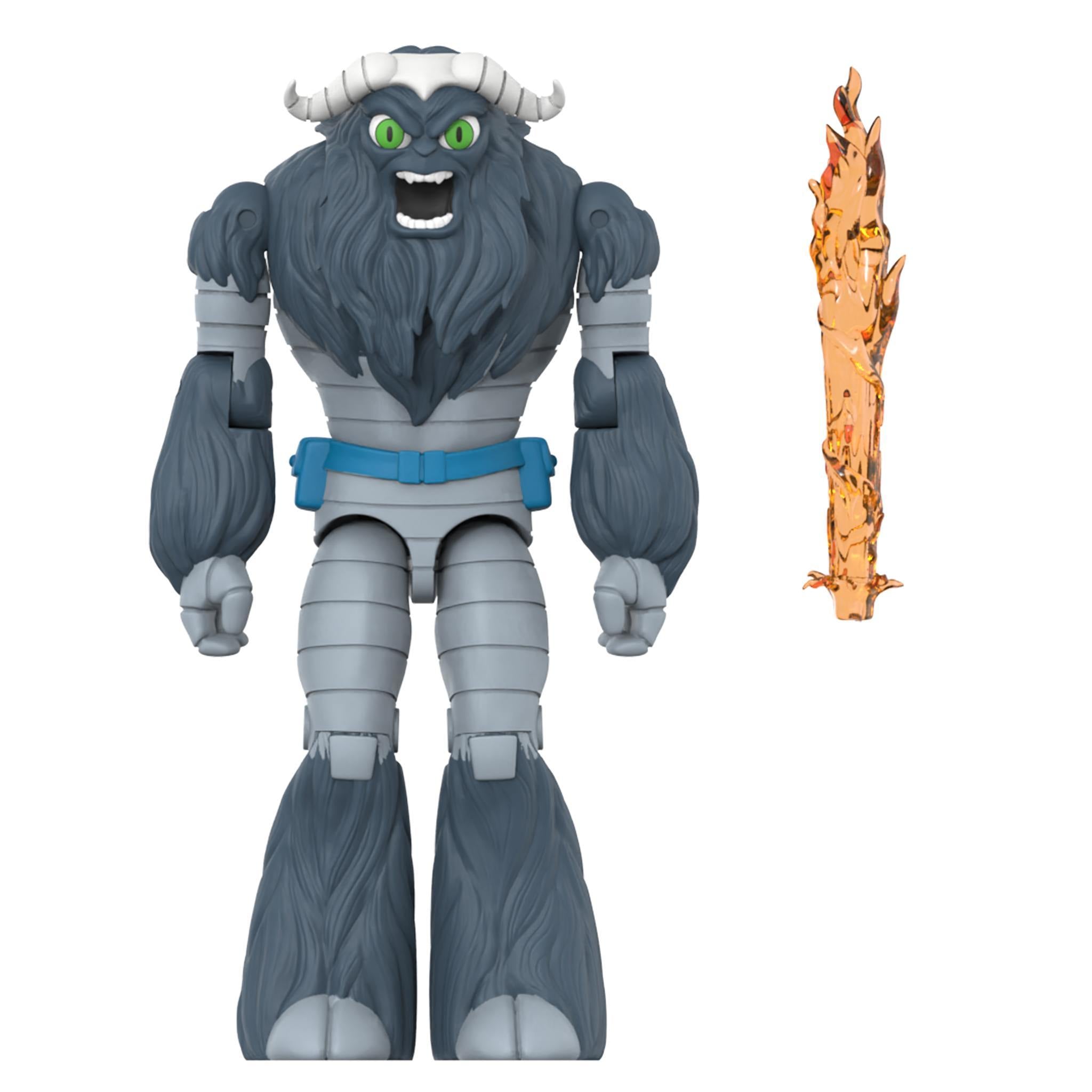 Grey yeti action figure with horns and blue belt next to a translucent orange flame accessory