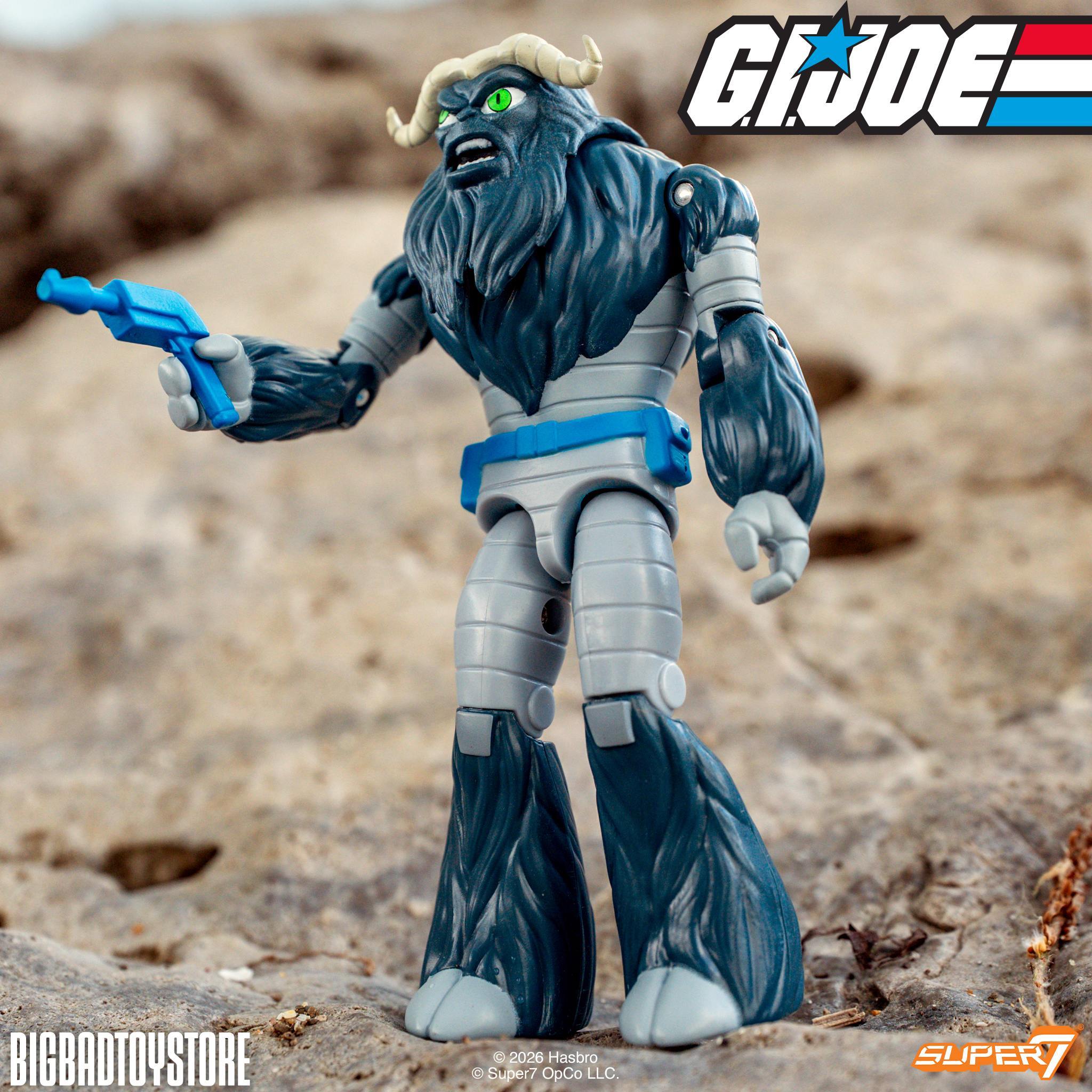 Fatal Fluffy Force Pack GI Joe ReAction figure holding a blue blaster on a rocky background