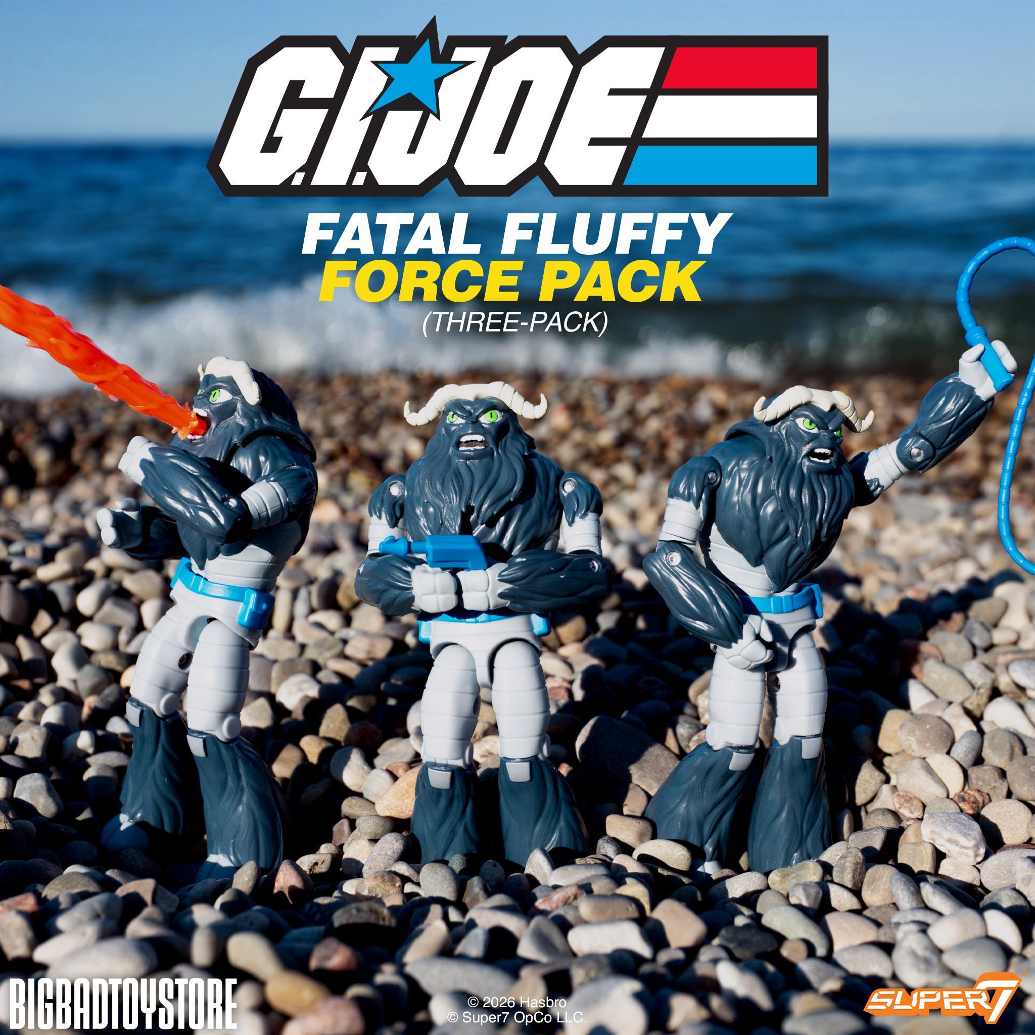 Three GI Joe ReAction Fatal Fluffy figures with accessories on a pebble beach