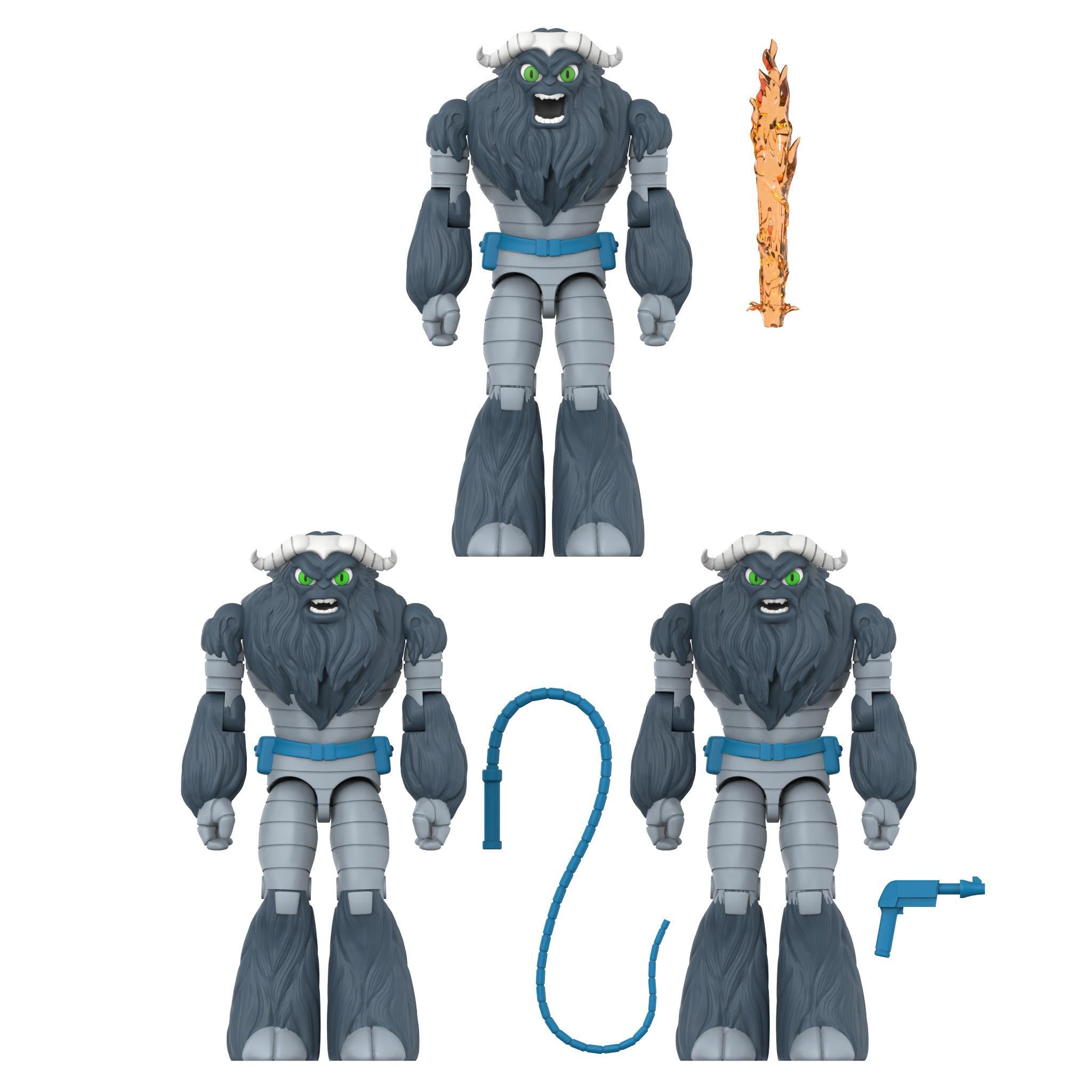 Three grey yeti action figures with accessories including a flame staff, blue whip, and blue blaster