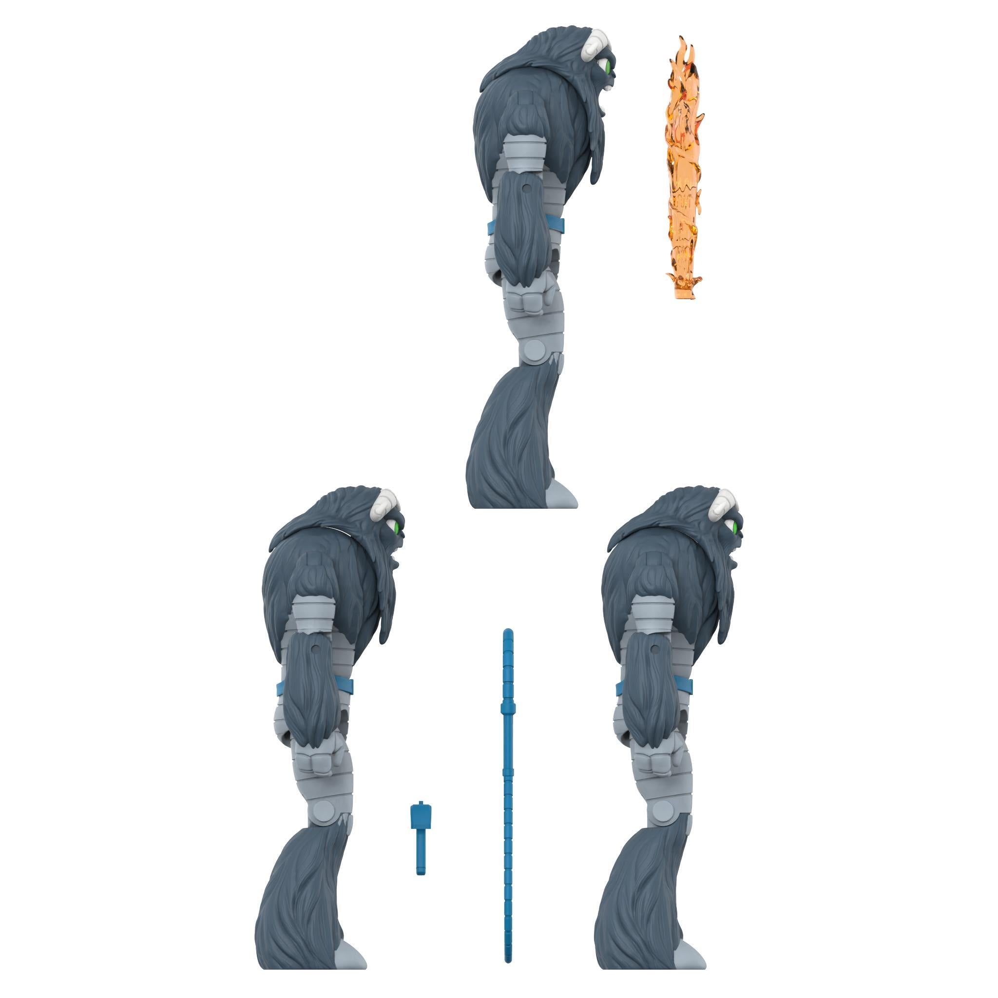 Grey yeti action figure with flame and staff accessories