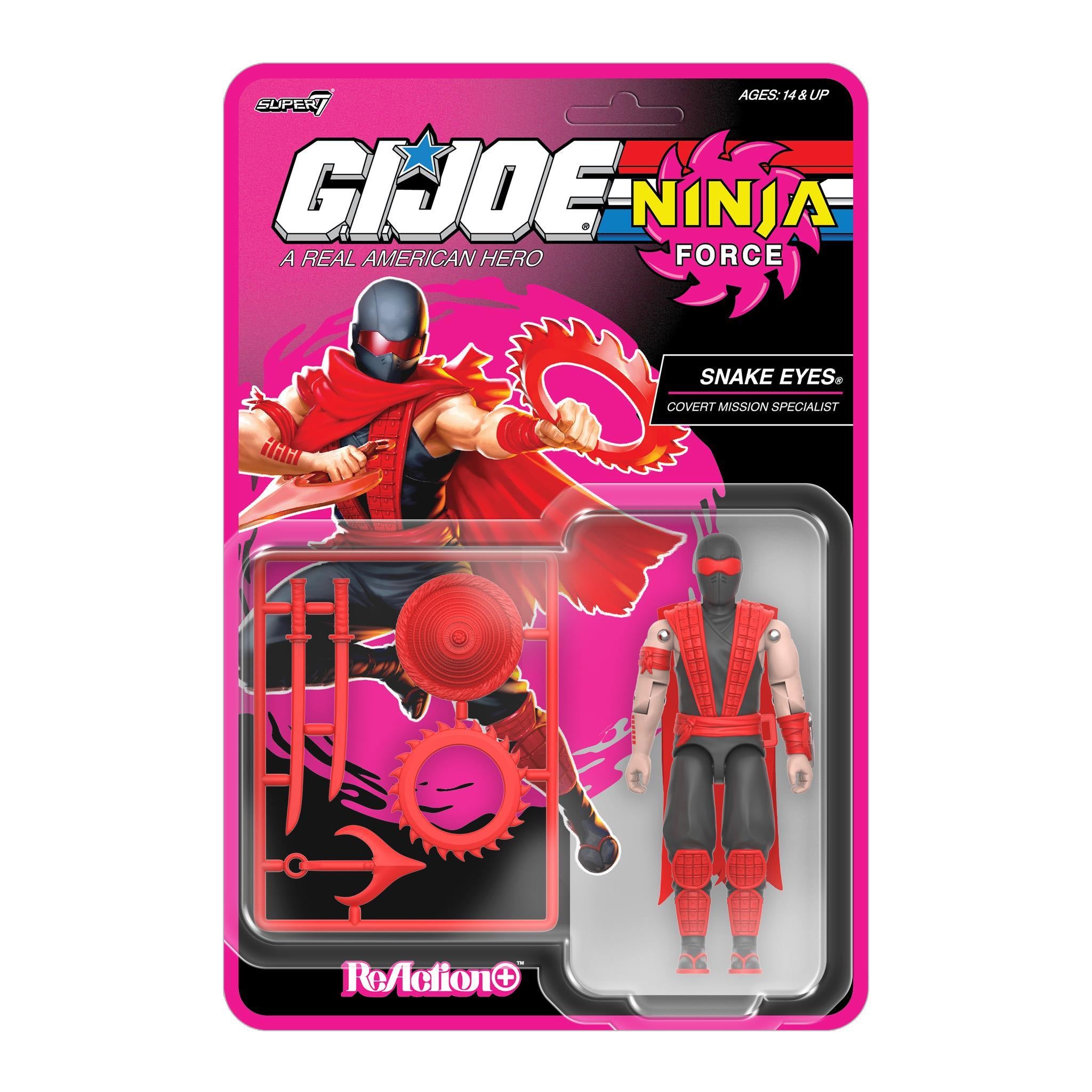 G I Joe ReAction Plus Wave 11 Ninja Force Snake Eyes action figure on pink package art
