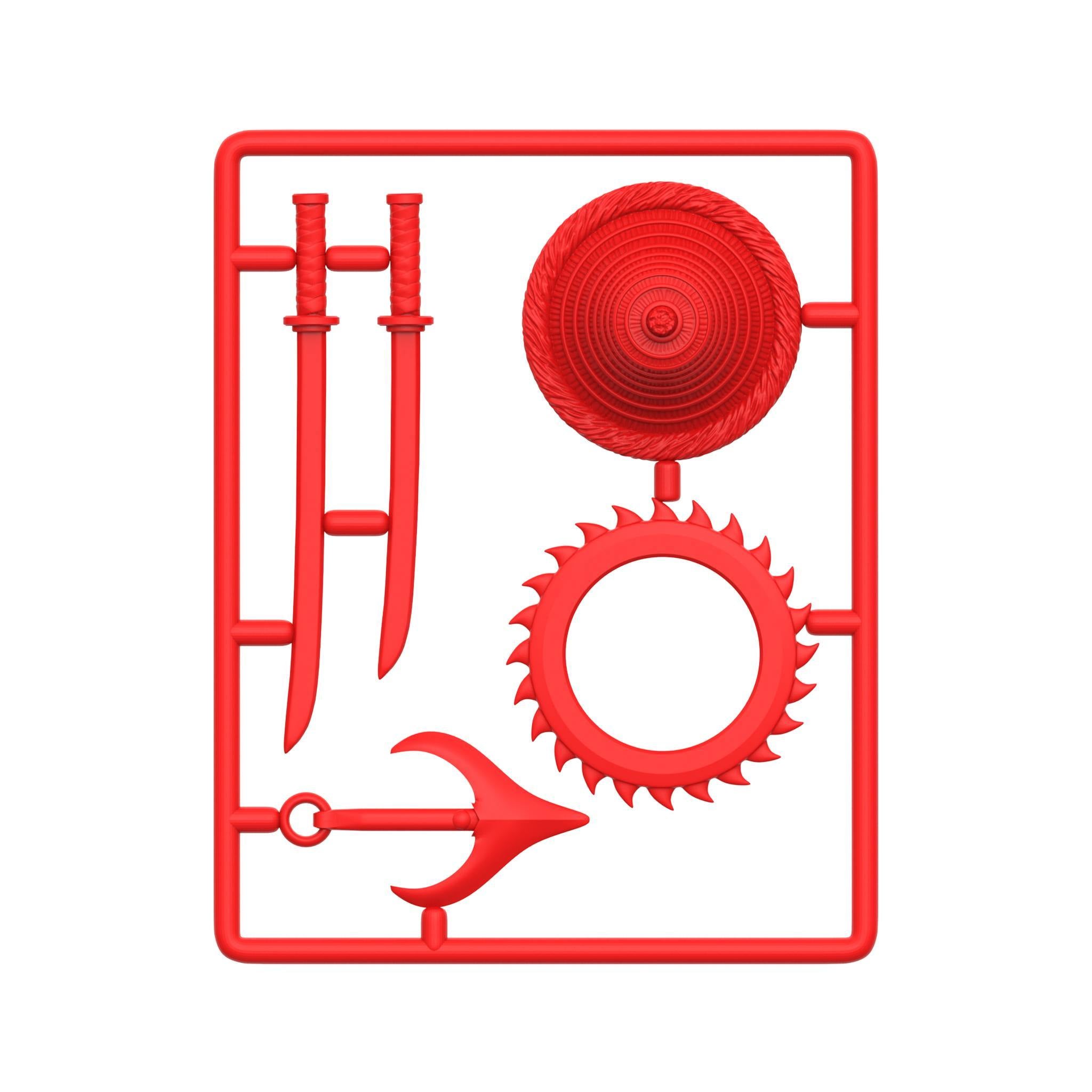 Ninja Force accessory sprue in red frame featuring two handles and a large round disk