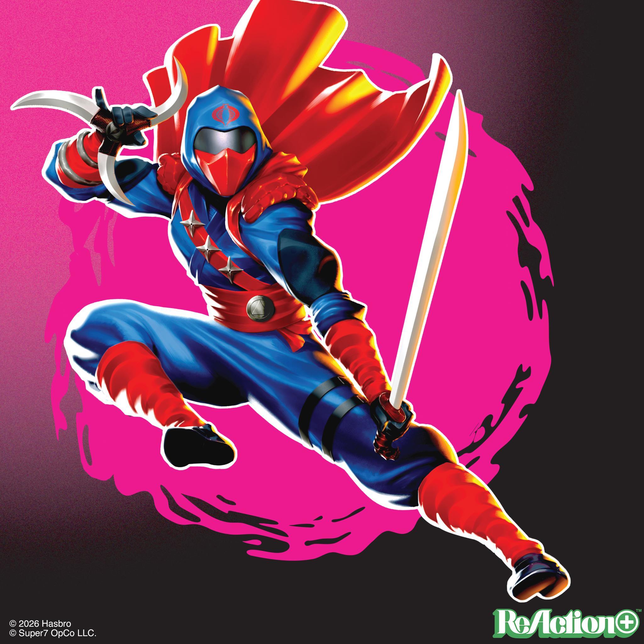 Cobra Commander Ninja Force action figure posed on a vibrant pink background.